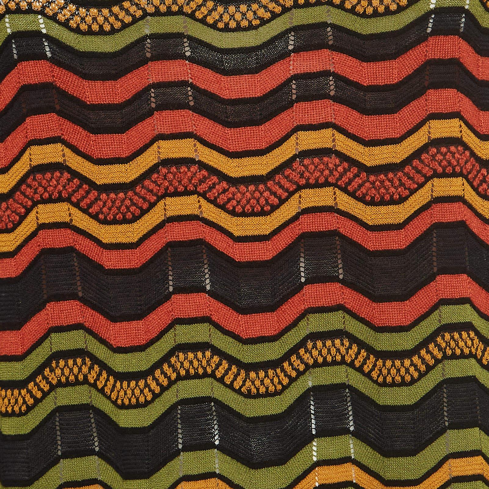 Marron M Missoni - Robe midi en maille perforée à chevrons multicolores avec détails à volants S en vente