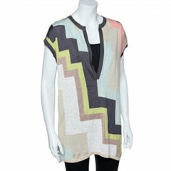 M Missoni Multicolor Geometric Pattern Cotton Knit Plunging Neck Top M