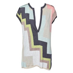 M Missoni Multicolor Geometric Pattern Cotton Knit Plunging Neck Top M