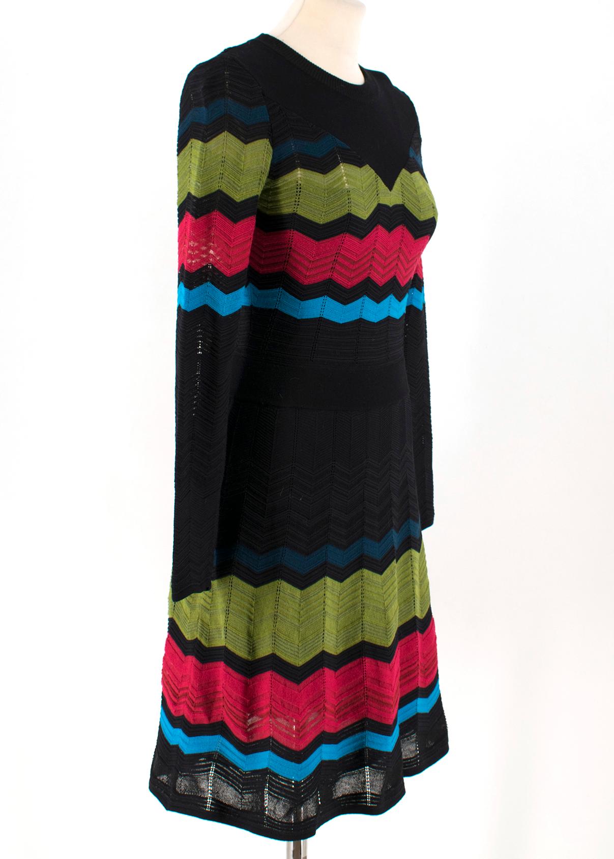 M Missoni Multicolor Knit A-line Dress 

- Multicolor A-line Dress
- Round neck, long sleeved
- Chevron knit pattern 
- Flowy skirt, fitted waist 
- Ribbed collar and waistband 
- Lined body 
- 27% Cotton, 26% Viscose, 24% Polyamide, 12% Wool