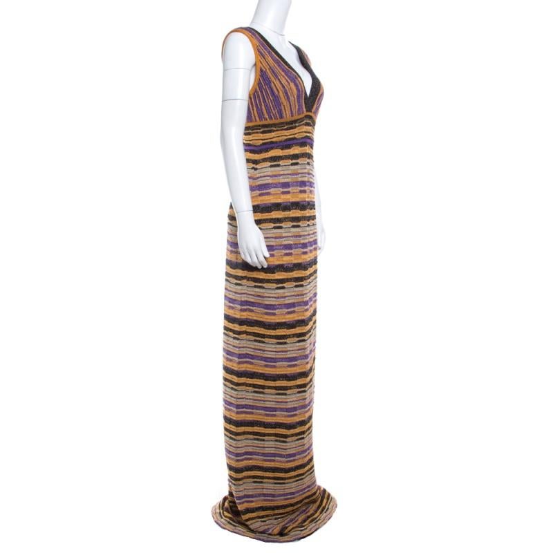 Brown M Missoni Multicolor Lurex Patterned Knit Plunge Neck Maxi Dress M