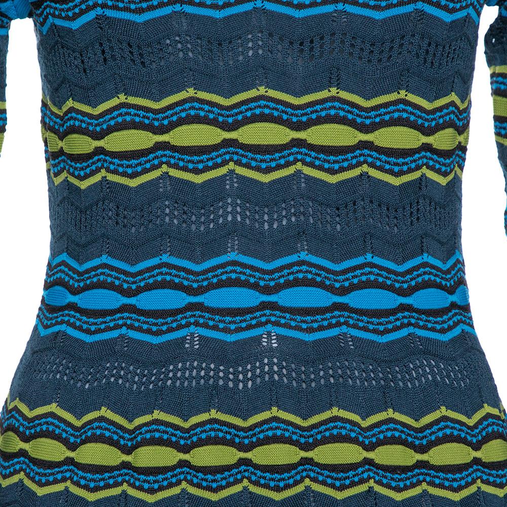 Blue M Missoni Multicolor Perforated Knit Fit & Flare Midi Dress M For Sale