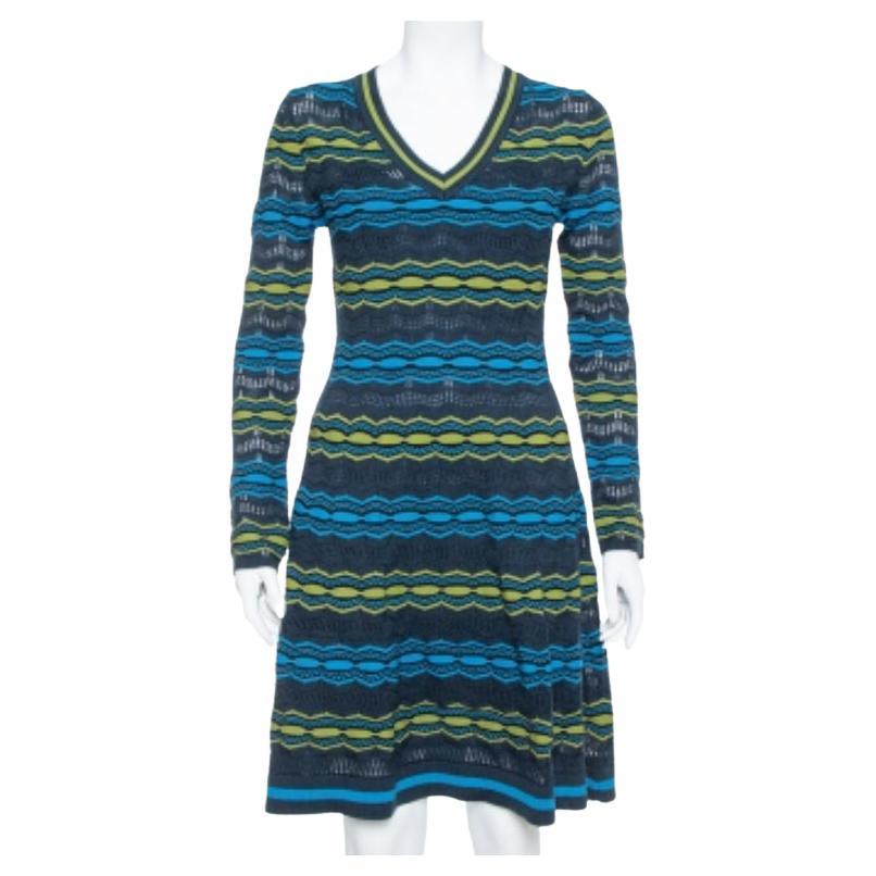 M Missoni Multicolor Perforated Knit Fit & Flare Midi Dress M For Sale