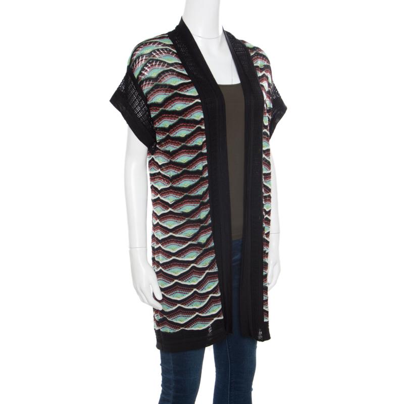 Black M Missoni Multicolor Perforated Knit Front Open Short Sleeve Cardigan M