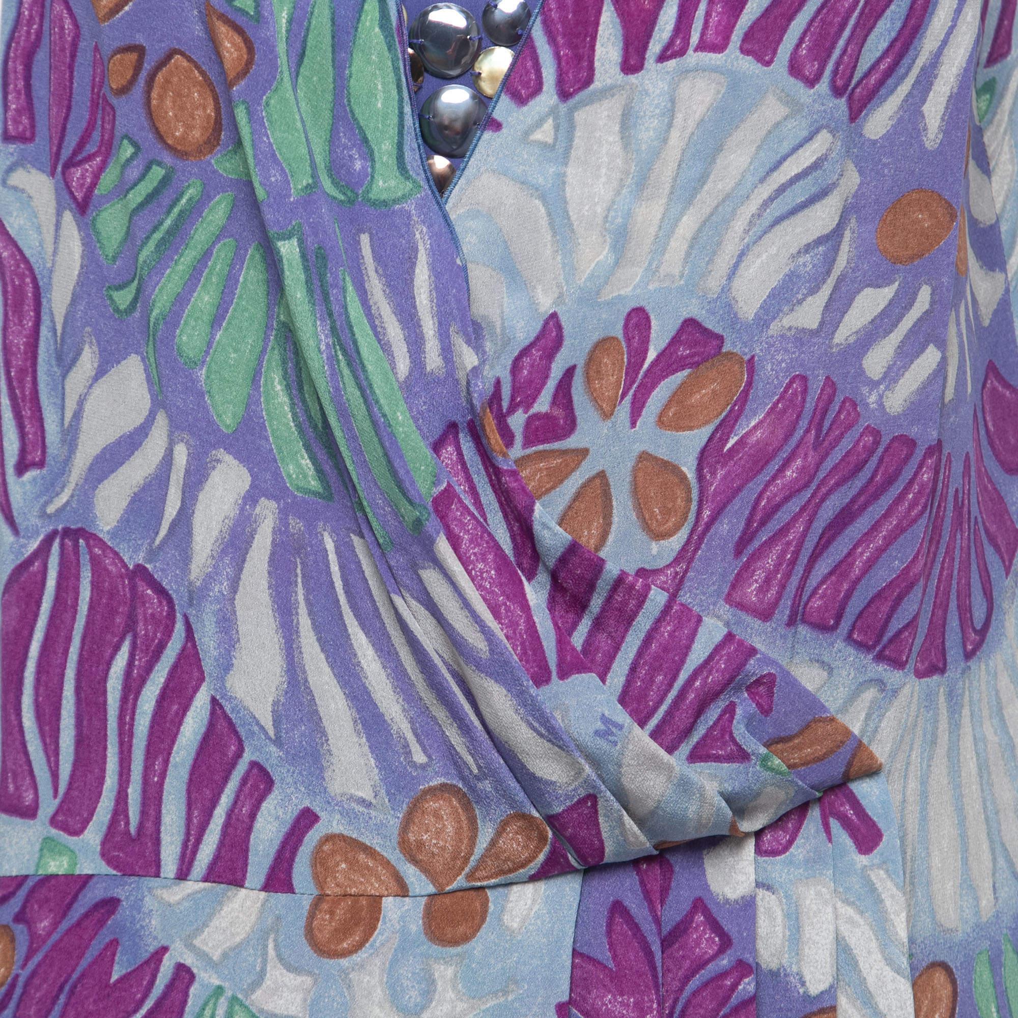 Gray M Missoni Multicolor Print Silk Sleeveless Draped Short Dress M For Sale