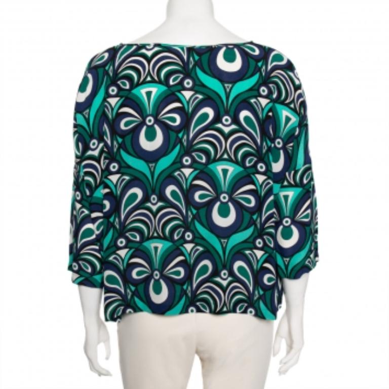 Blue M Missoni Multicolor Printed Silk Crew Neck Top S For Sale