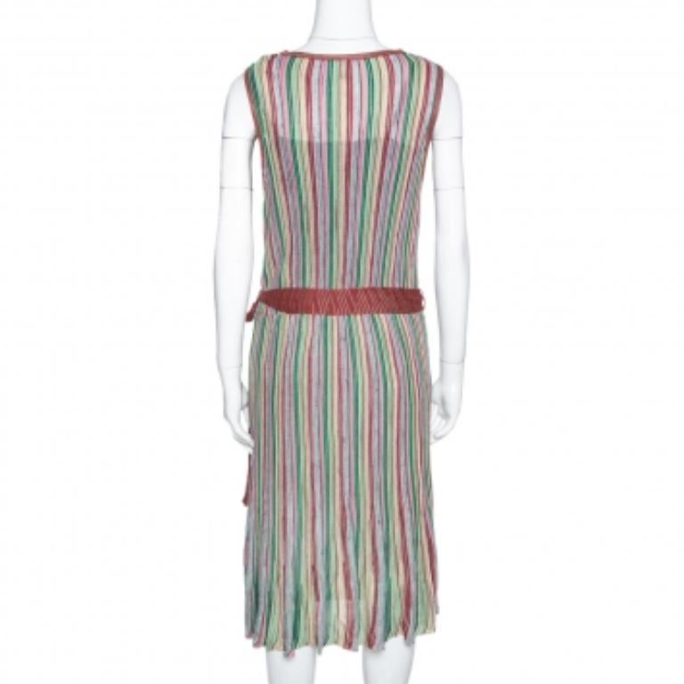 Gray M Missoni Multicolor Striped Rib Knit Sleeveless Belted Dress L For Sale