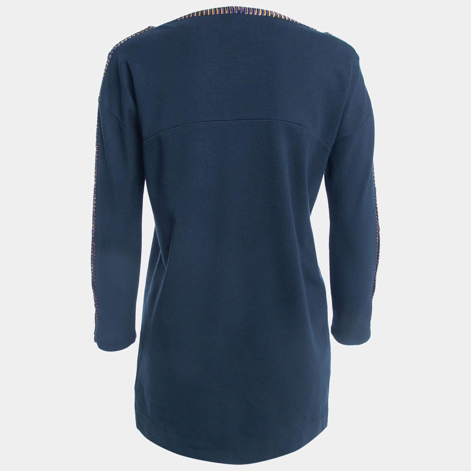 Black M Missoni Navy Blue Cotton Blend Knit Buttoned Sleeve Detail T-Shirt S For Sale