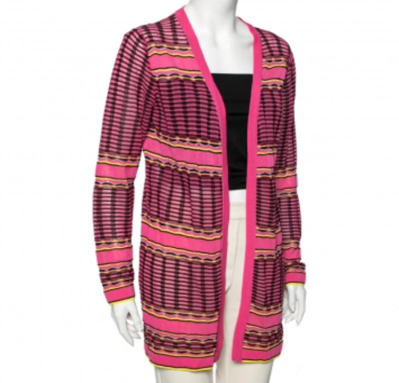M Missoni Rosa gemusterte Strickjacke mit offener Vorderseite M im Angebot 1