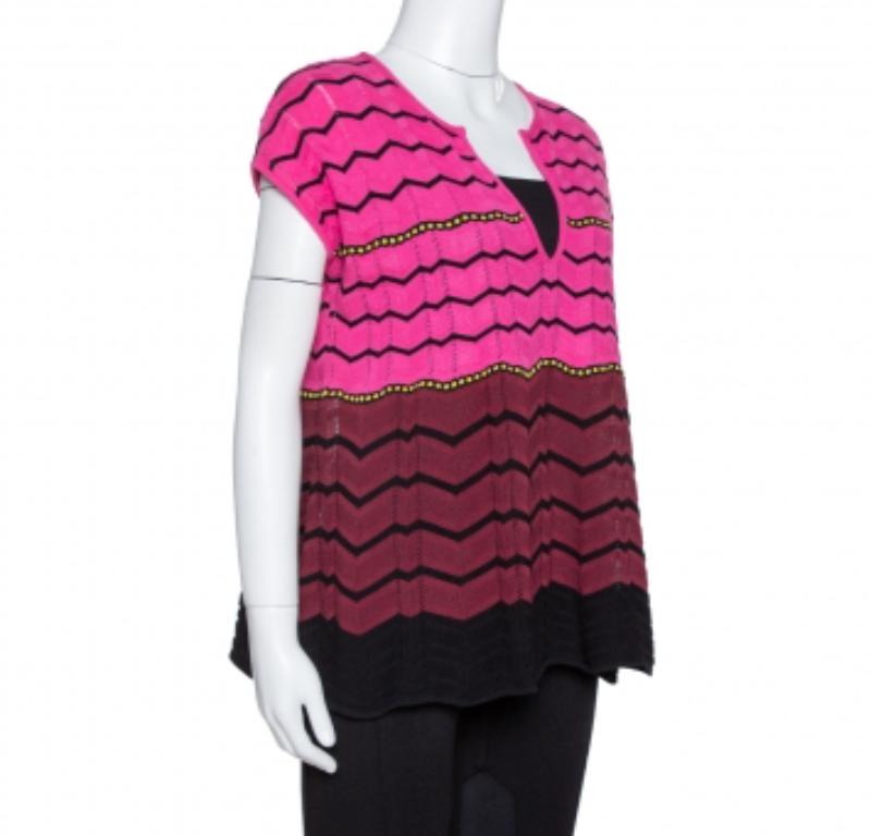 M Missoni Pink Zig Zag Knit Flared Top M In Good Condition For Sale In Dubai, Al Qouz 2