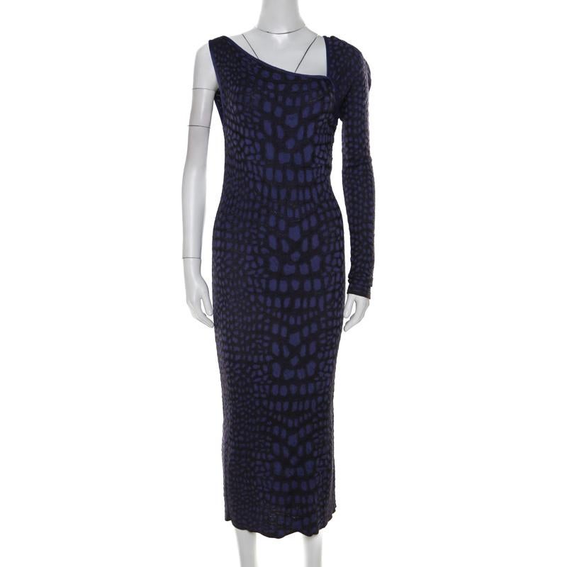 Black M Missoni Purple Animal Print Knit Asymmetric Sleeve Maxi Dress L