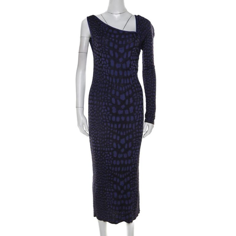 M Missoni Purple Animal Print Knit Asymmetric Sleeve Maxi Dress L For