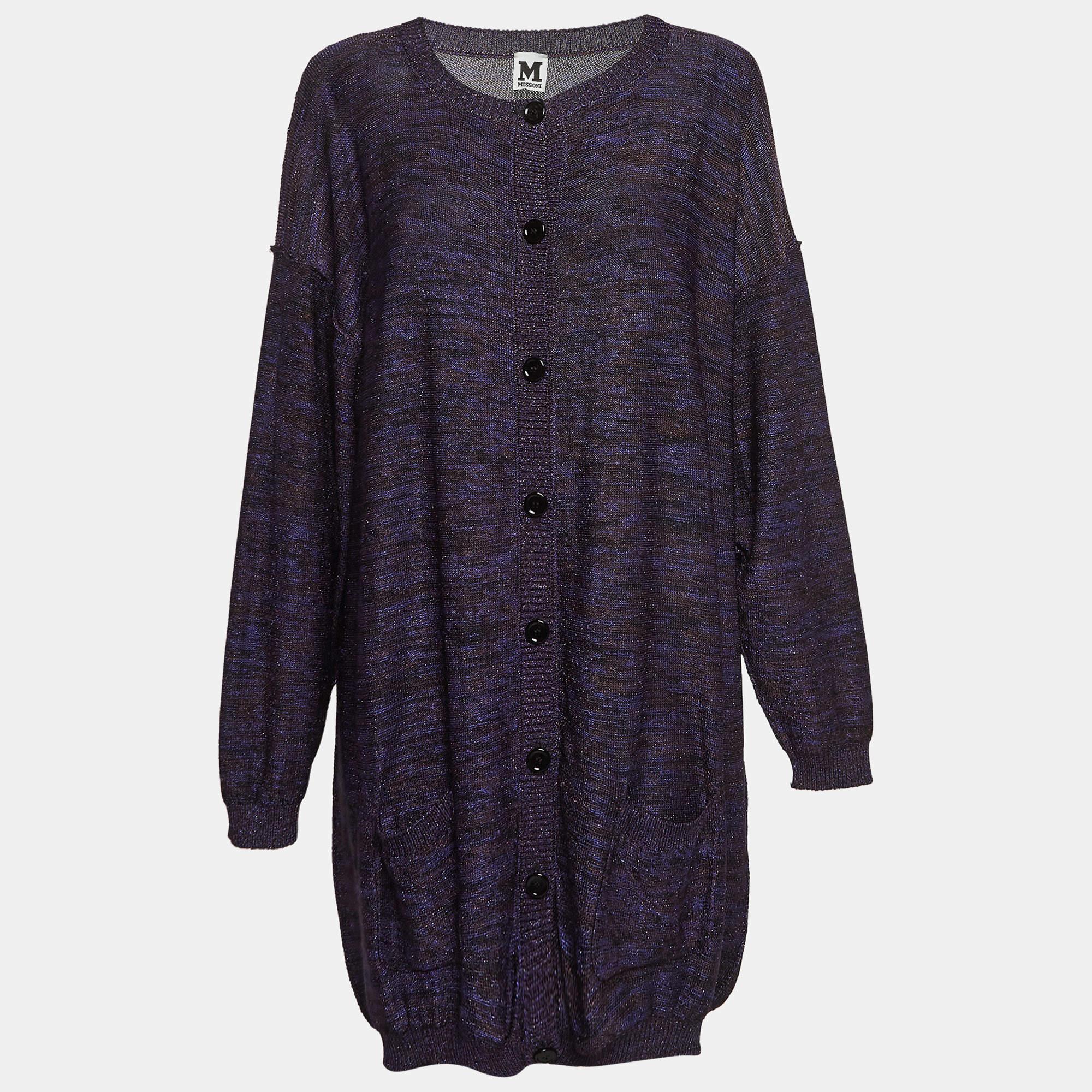 Noir M Missoni Purple Patterned Lurex Knit Cardigan & Playsuit Set L en vente