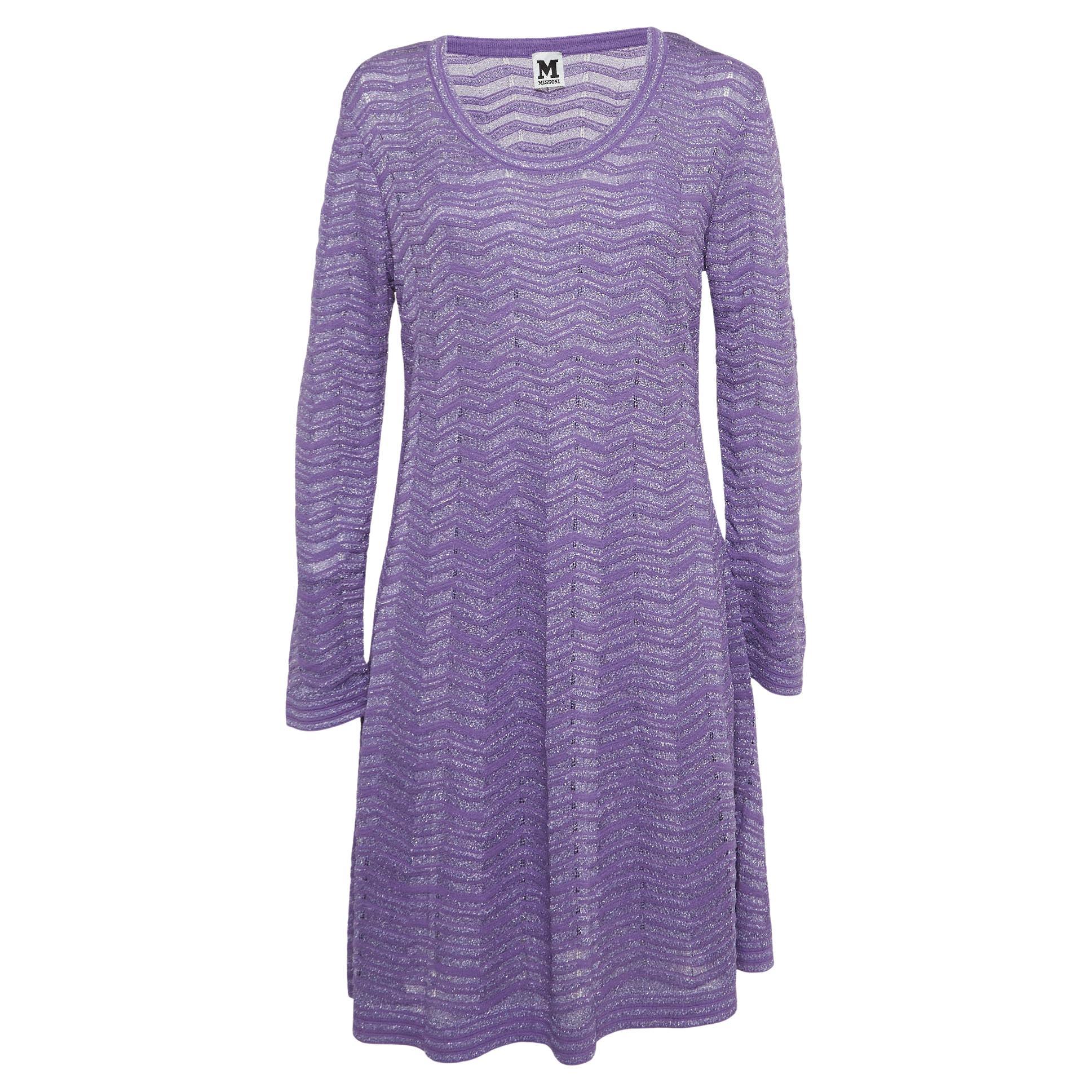 M Missoni Purple Patterned Lurex Knit Short Dress L For Sale