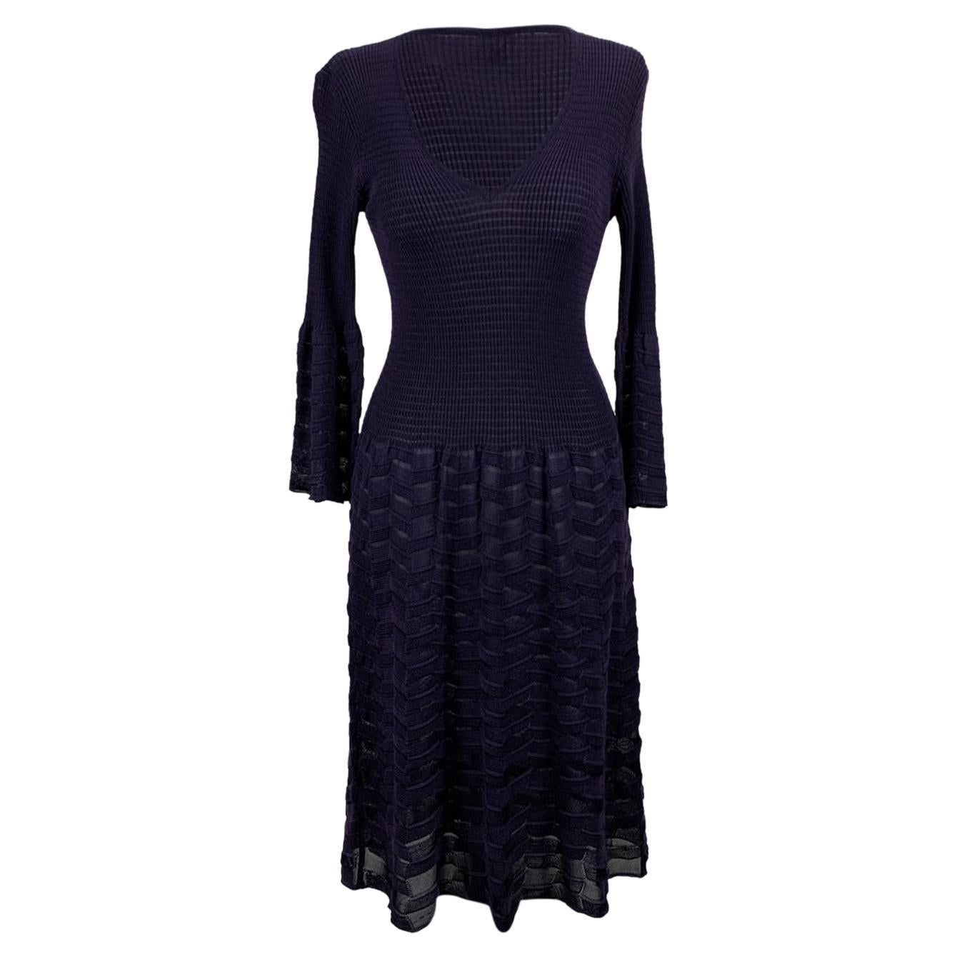 M Missoni Purple Wool Blend Knit Long Sleeve Dress Size 44 IT