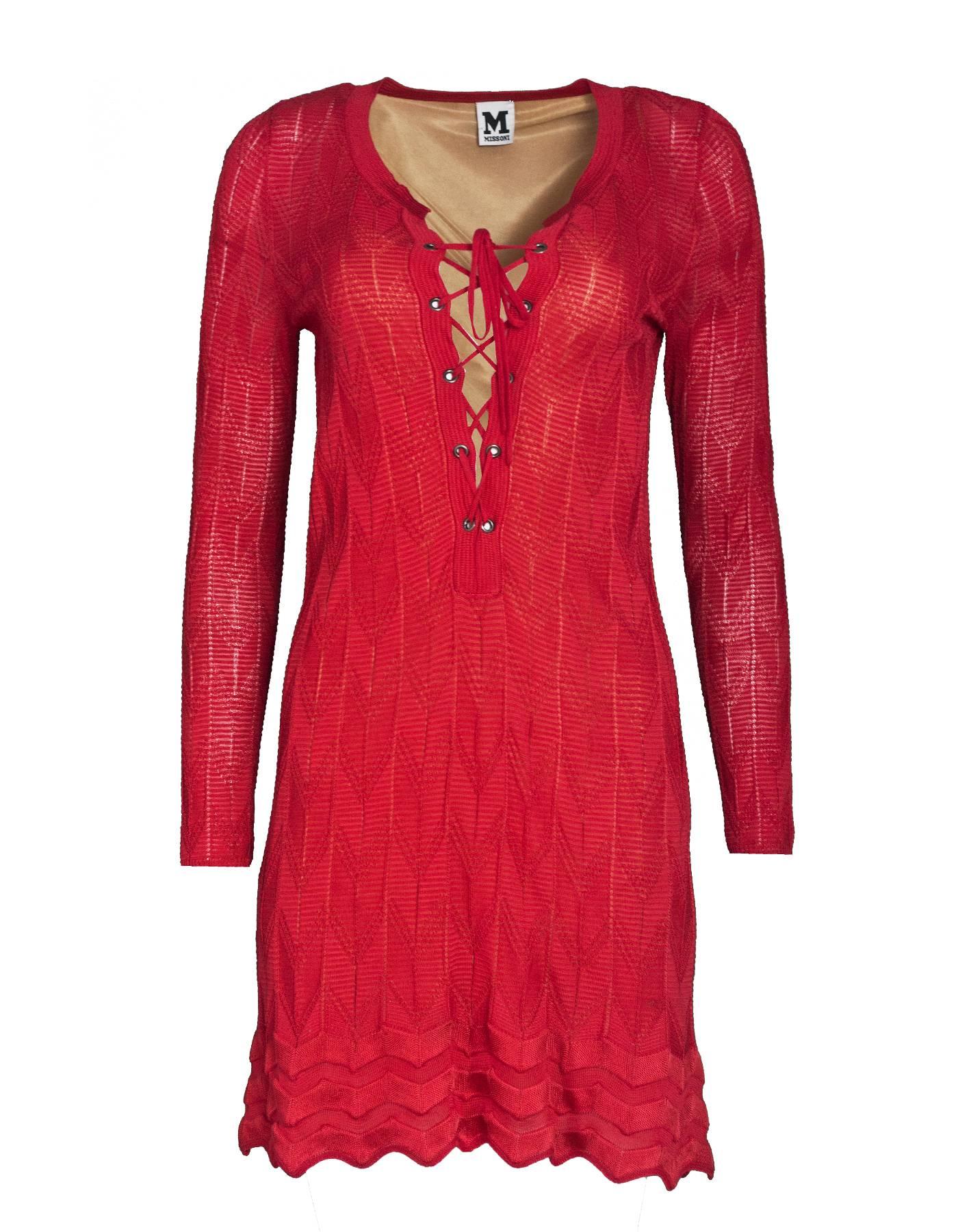 M Missoni Red Lace Up Dress Sz IT38
Features lace tie detail at bust

Color: Red
Composition: Not given- believed to be a cotton blend
Lining: Nude slip - exposed at bust
Closure/Opening: Pull over with tie at bust
Exterior Pockets: None
Interior