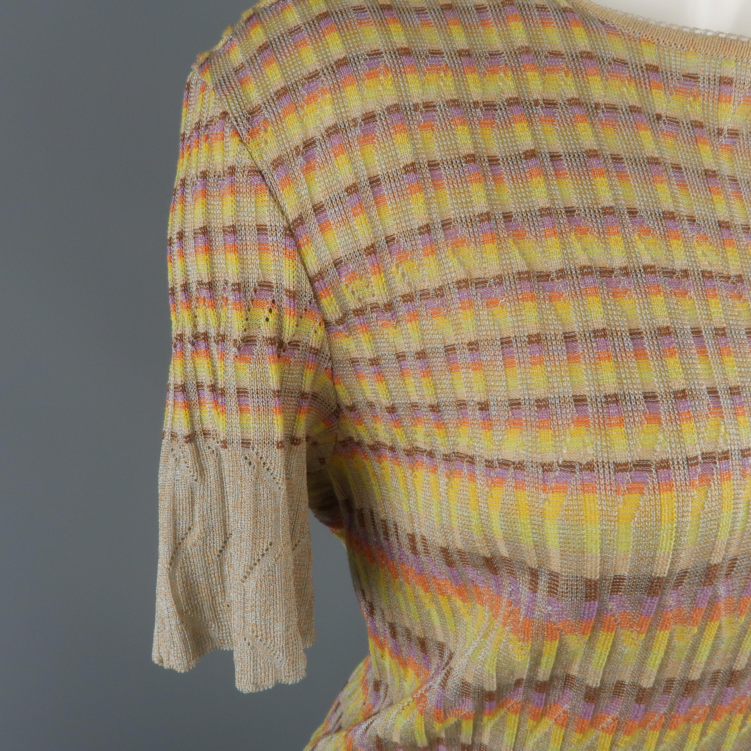 M MISSONI Size 14 Beige Rainbow Stripe Textured Metallic Knit Top 1