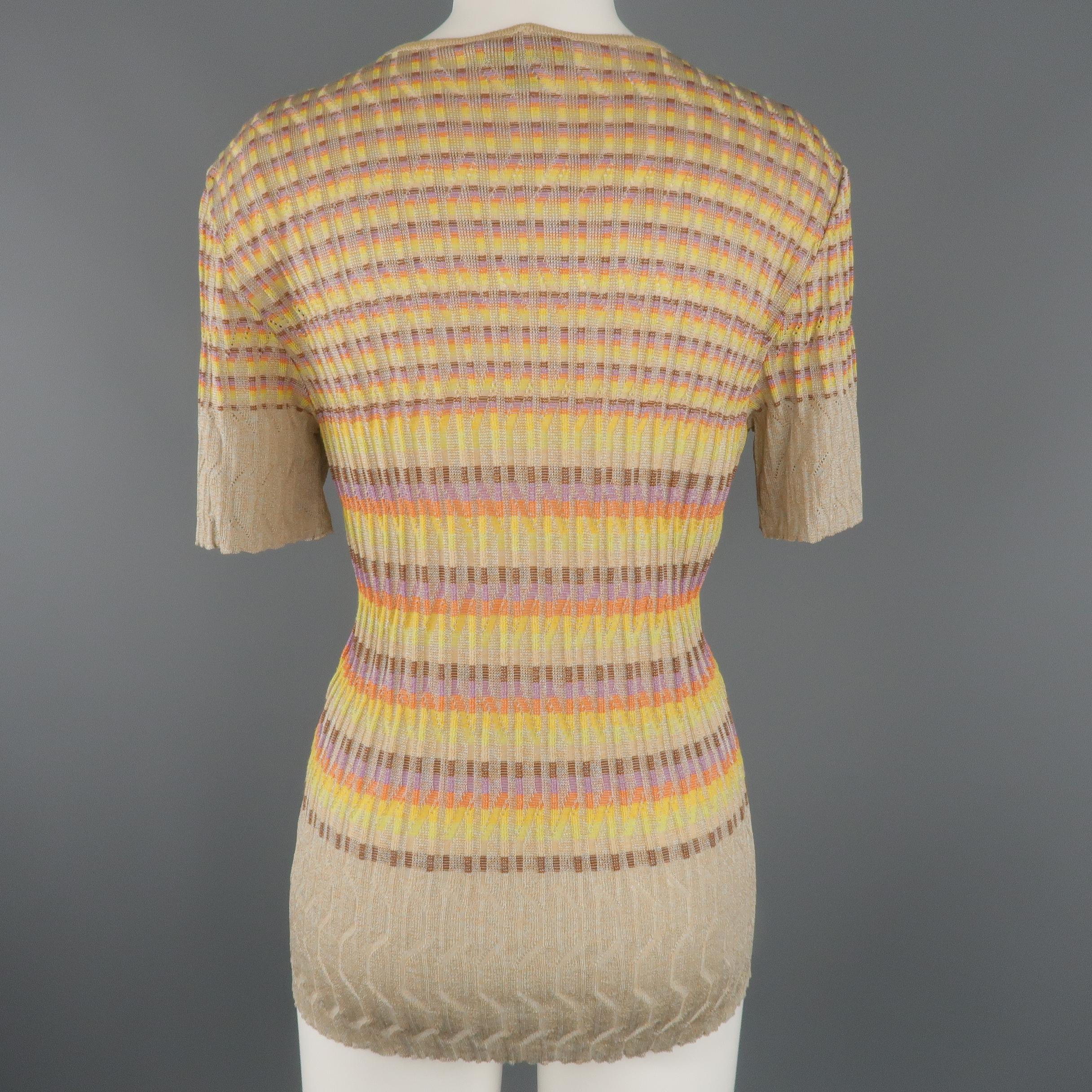 M MISSONI Size 14 Beige Rainbow Stripe Textured Metallic Knit Top 2