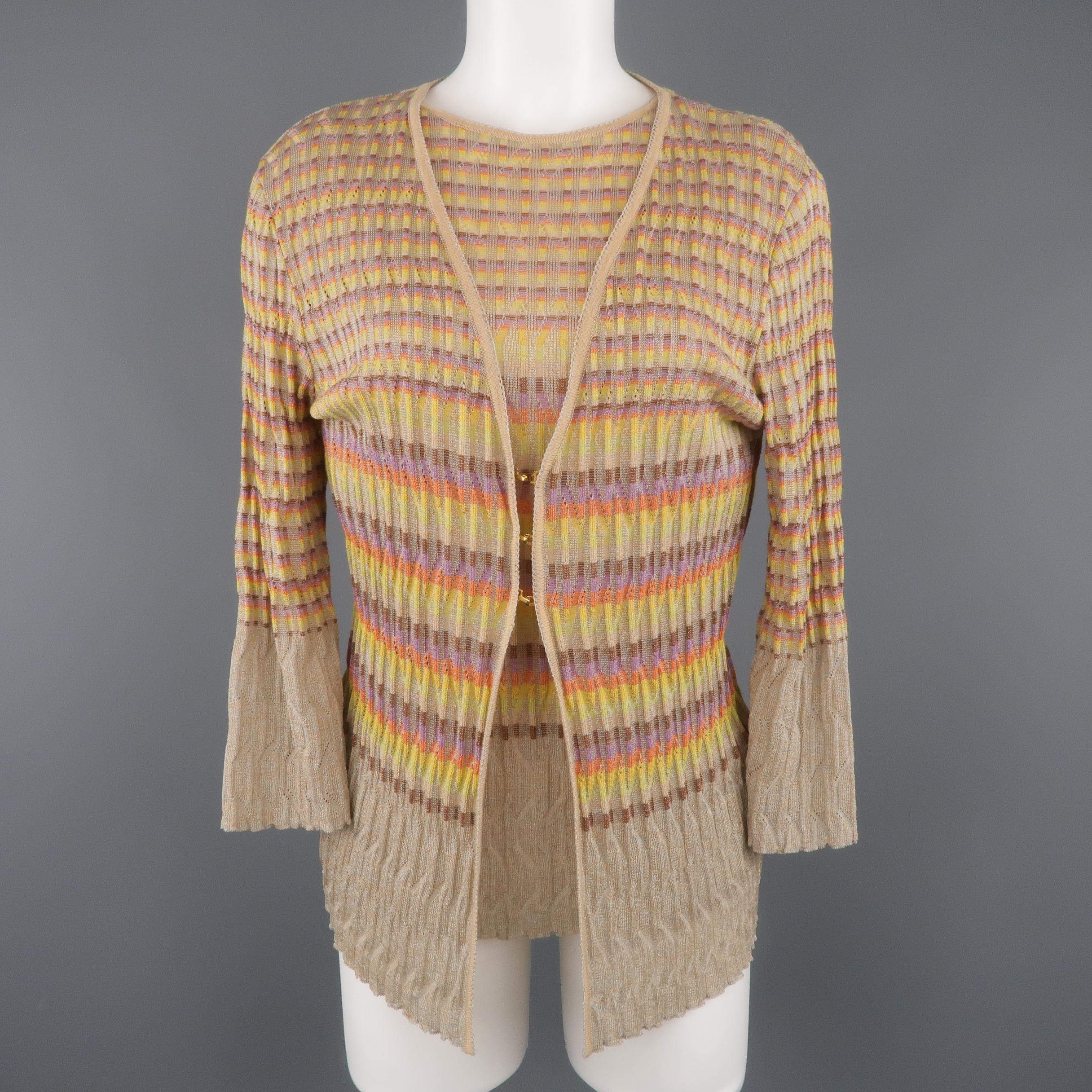 M MISSONI Size 14 Beige Rainbow Stripe Textured Metallic Knit Top 4