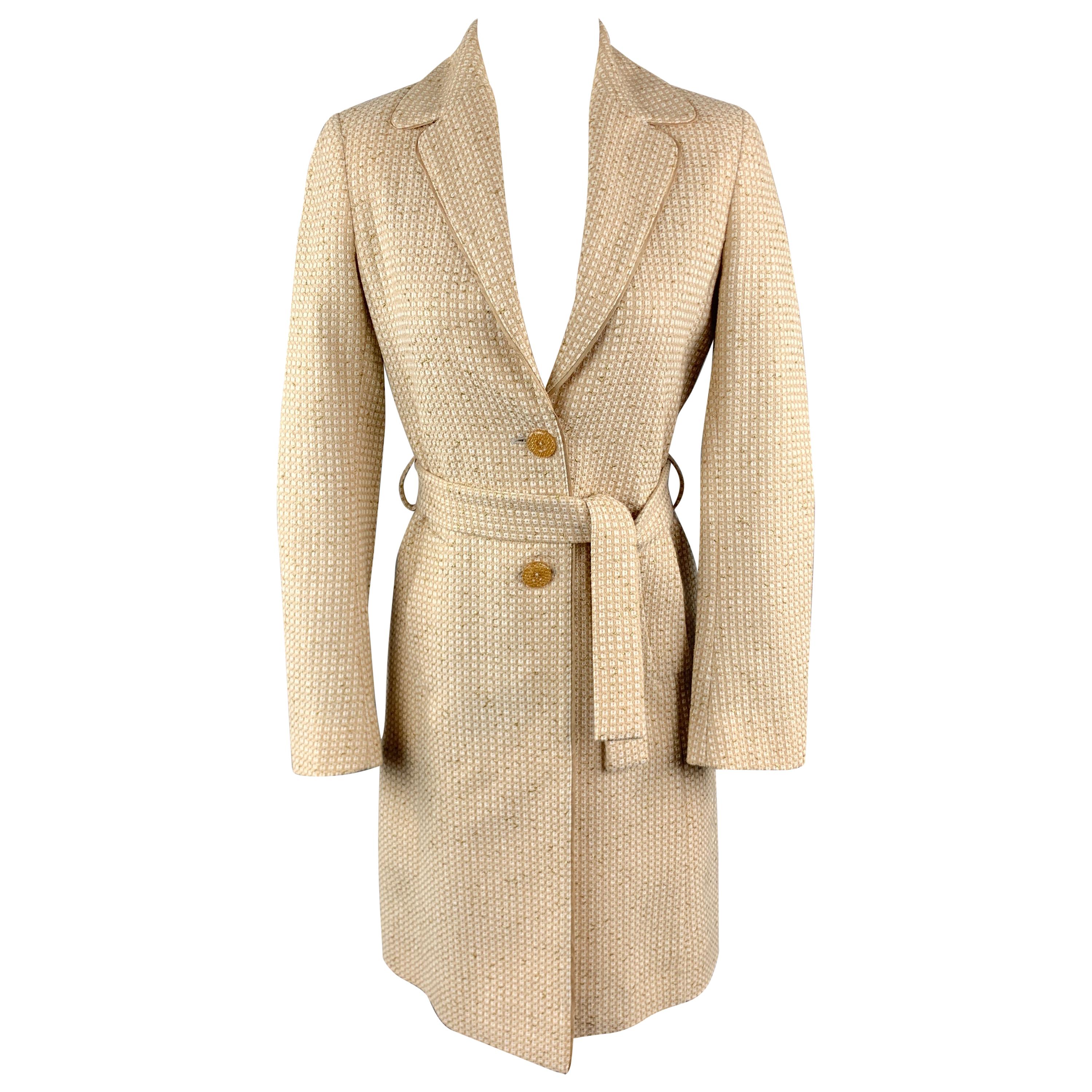 M MISSONI Size 2 Beige Cotton Blend Textured Woven Notch Lapel Belted Coat