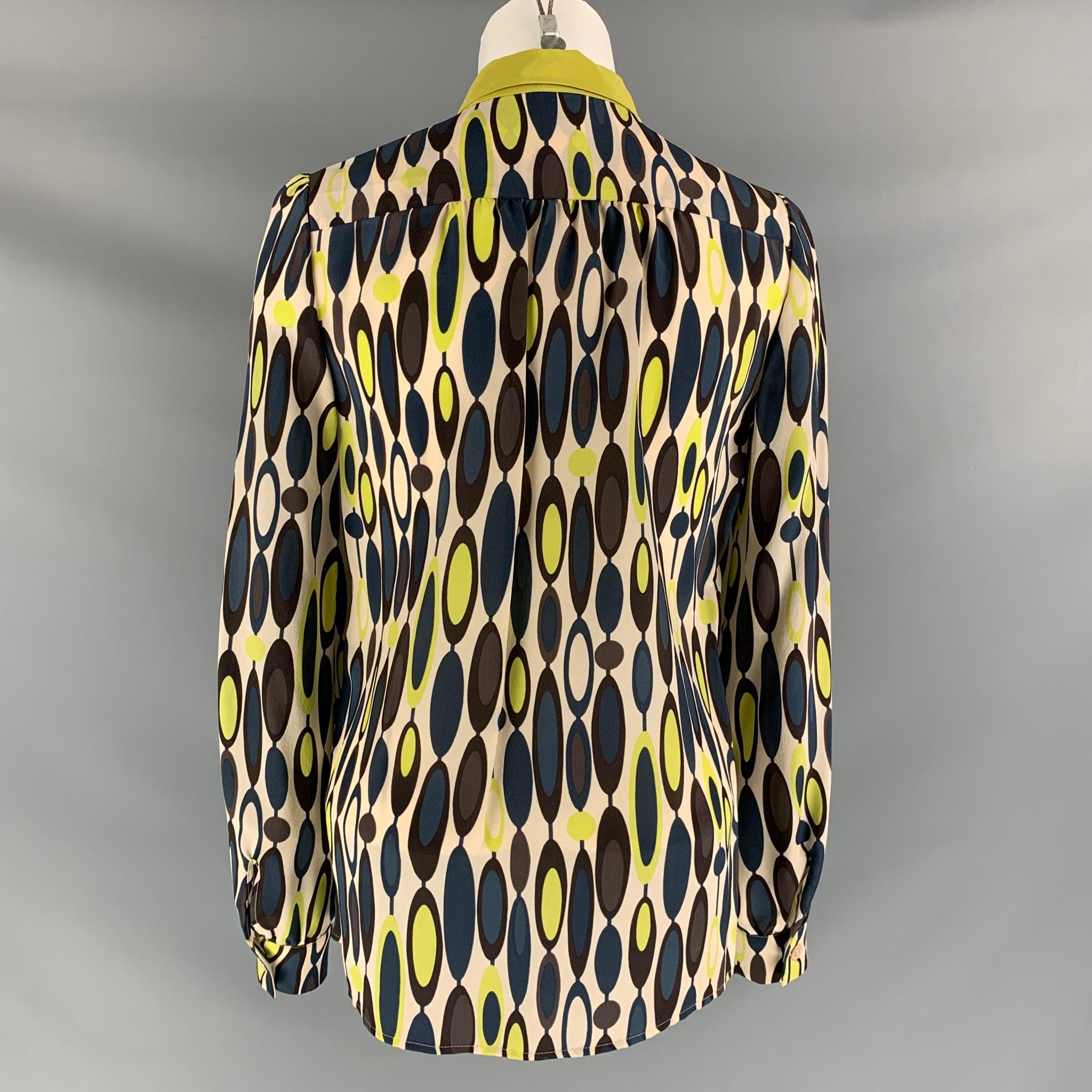 M MISSONI Size 4 Green, Blue & Cream Silk Abstract Blouse In New Condition In San Francisco, CA