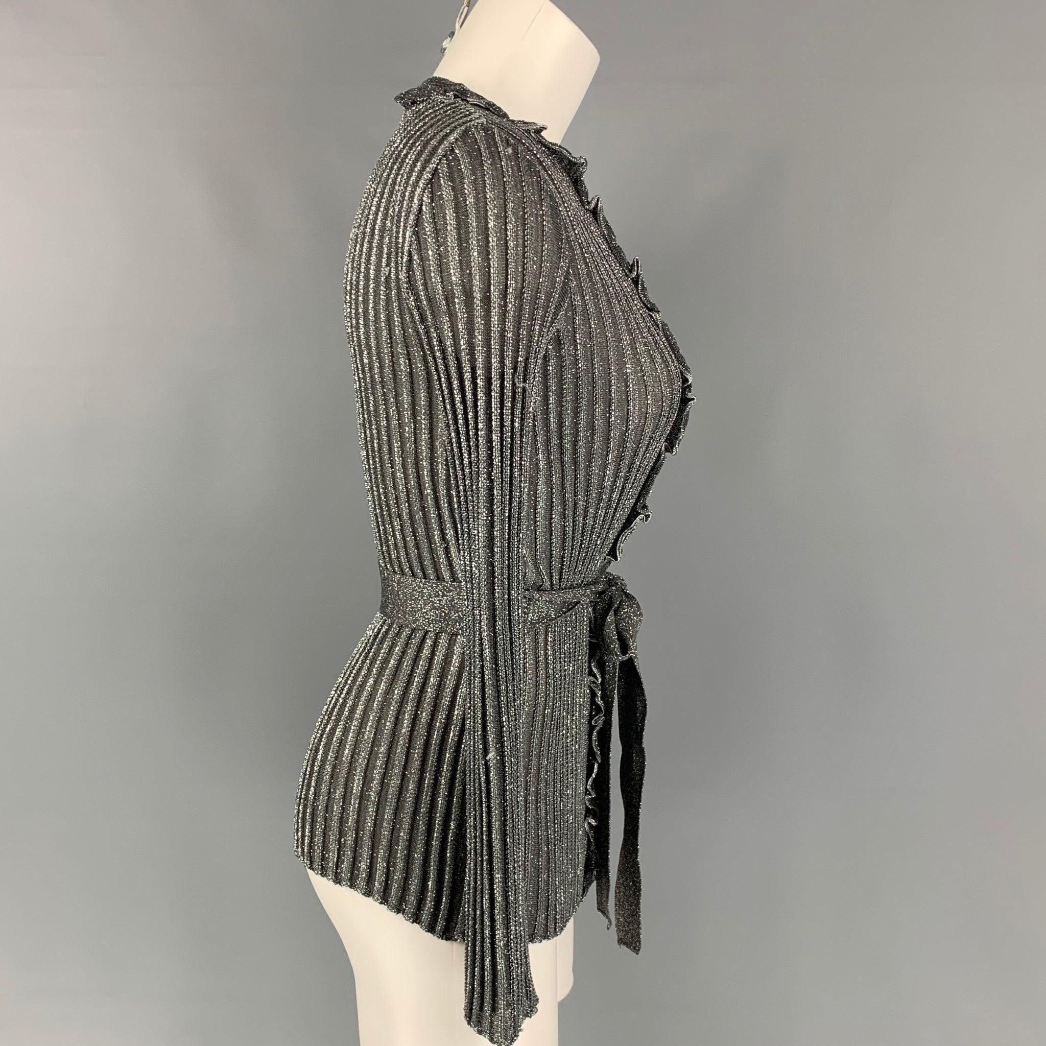 M MISSONI Size 4 Silver & Black Metallic Acetate Blend Belted Cardigan In Good Condition For Sale In San Francisco, CA