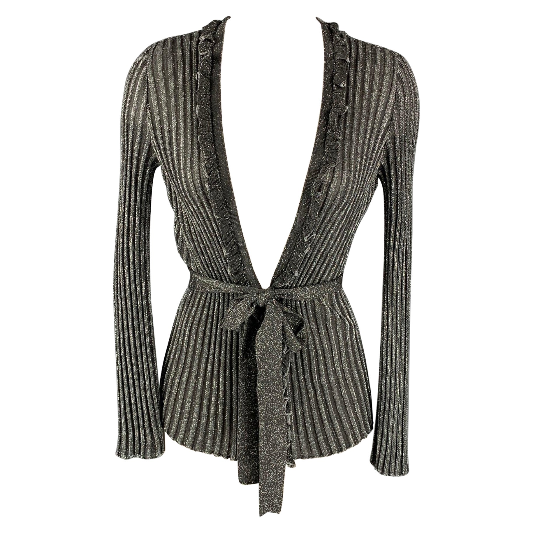 M Missoni Taglia 4 Cardigan con cintura in misto acetato metallizzato argento e nero