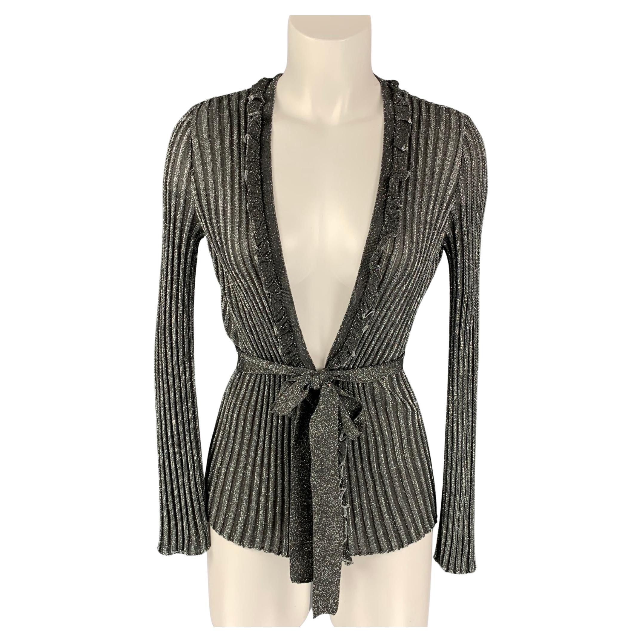 M MISSONI Size 4 Silver and Black Metallic Acetate Blend Belted Cardigan  For Sale at 1stDibs