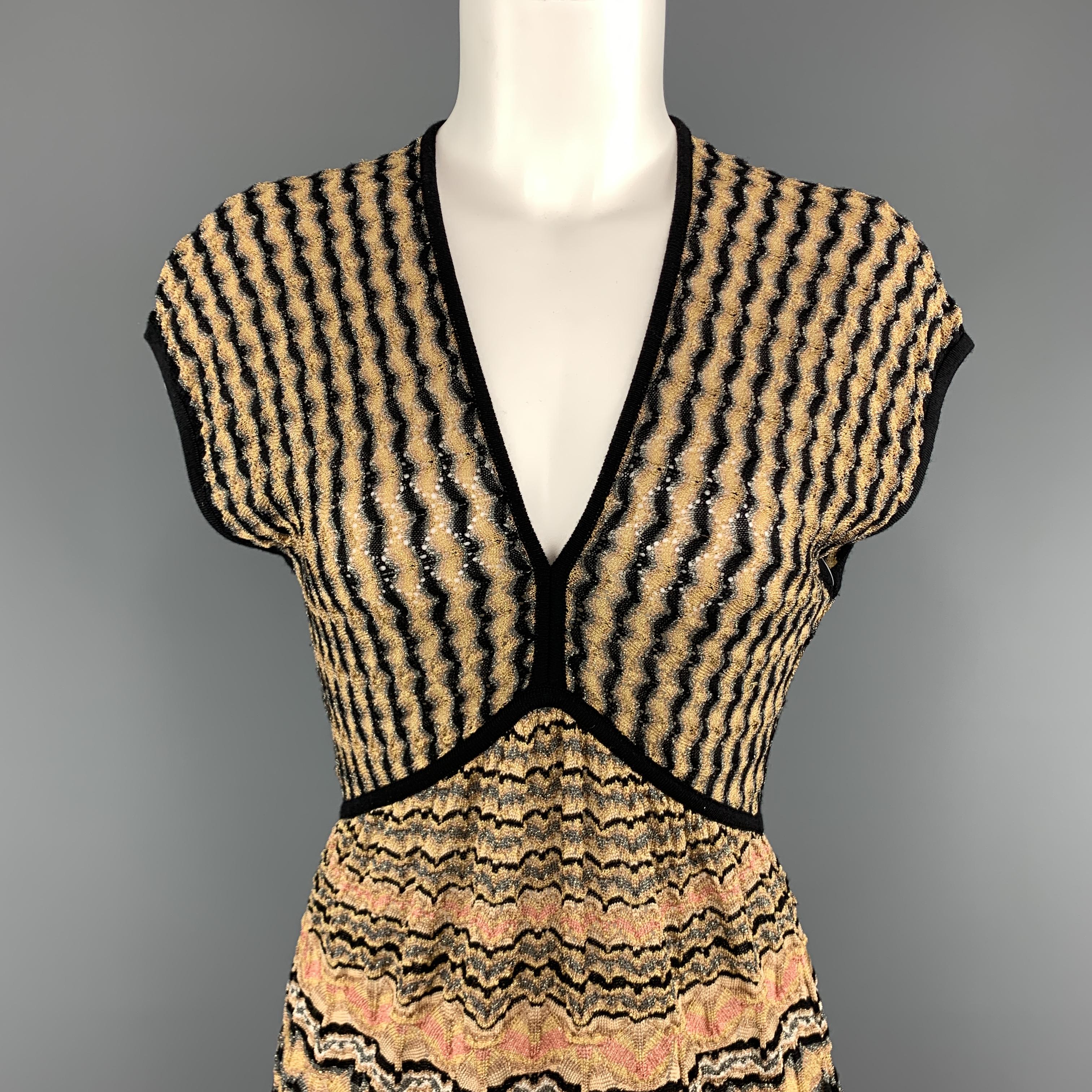 Brown M MISSONI Size 8 Gold Pink & Black Pattern Knit V Neck Top