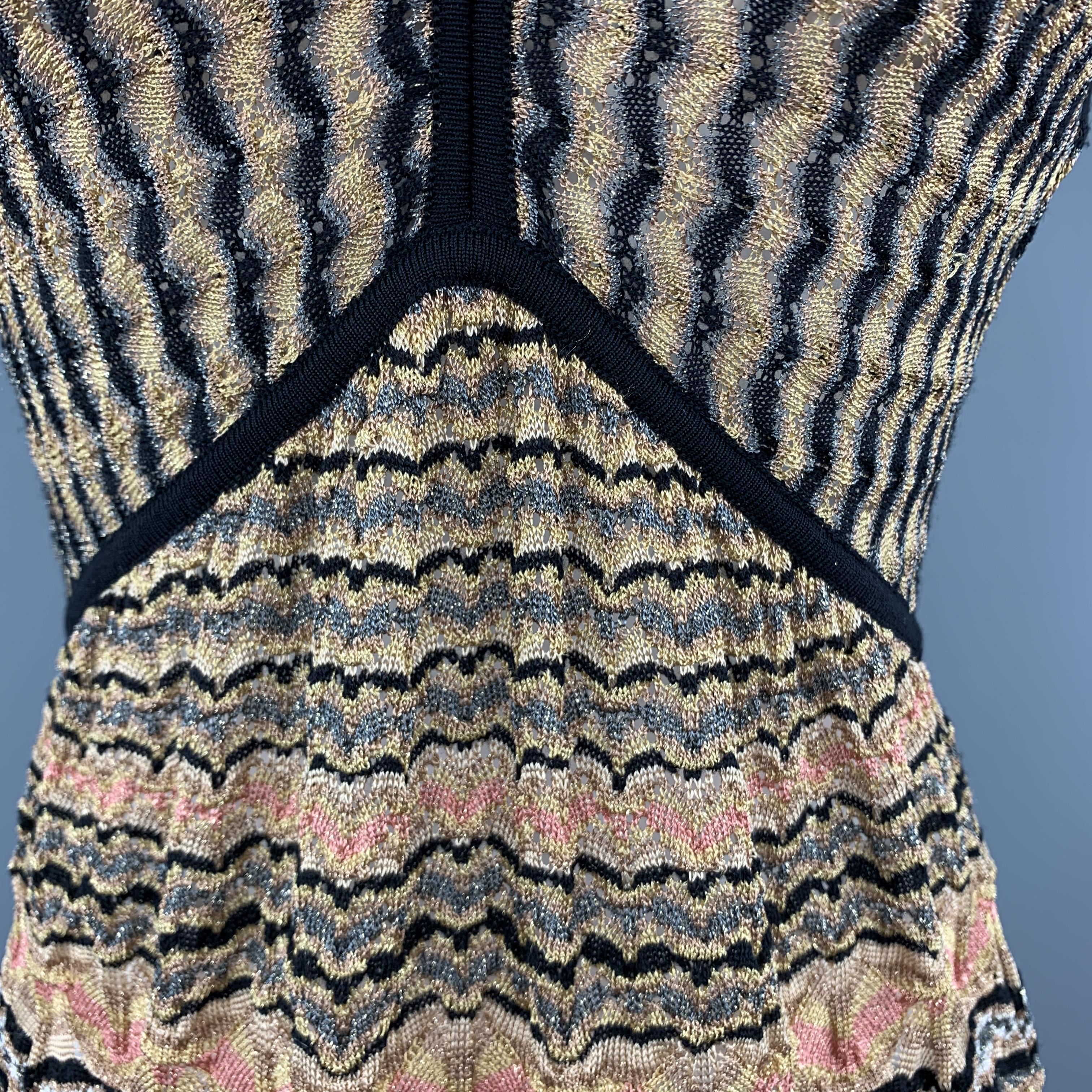 M MISSONI Size 8 Gold Pink & Black Pattern Knit V Neck Top In Excellent Condition In San Francisco, CA