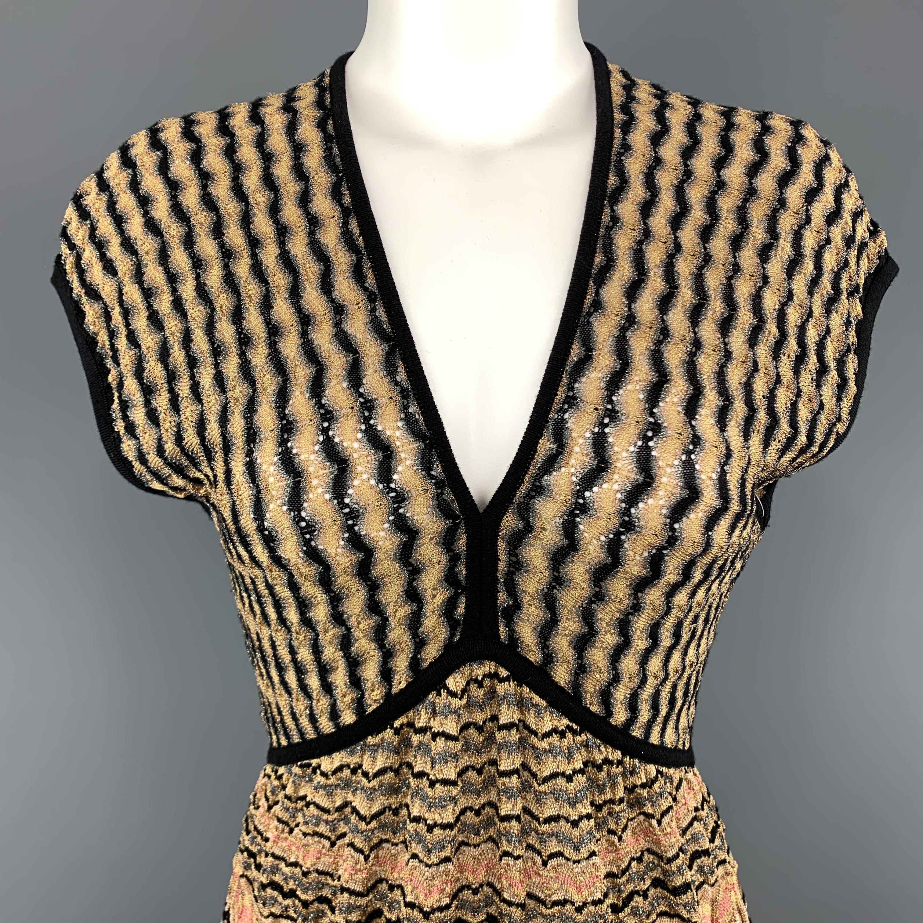 Women's M MISSONI Size 8 Gold Pink & Black Pattern Knit V Neck Top