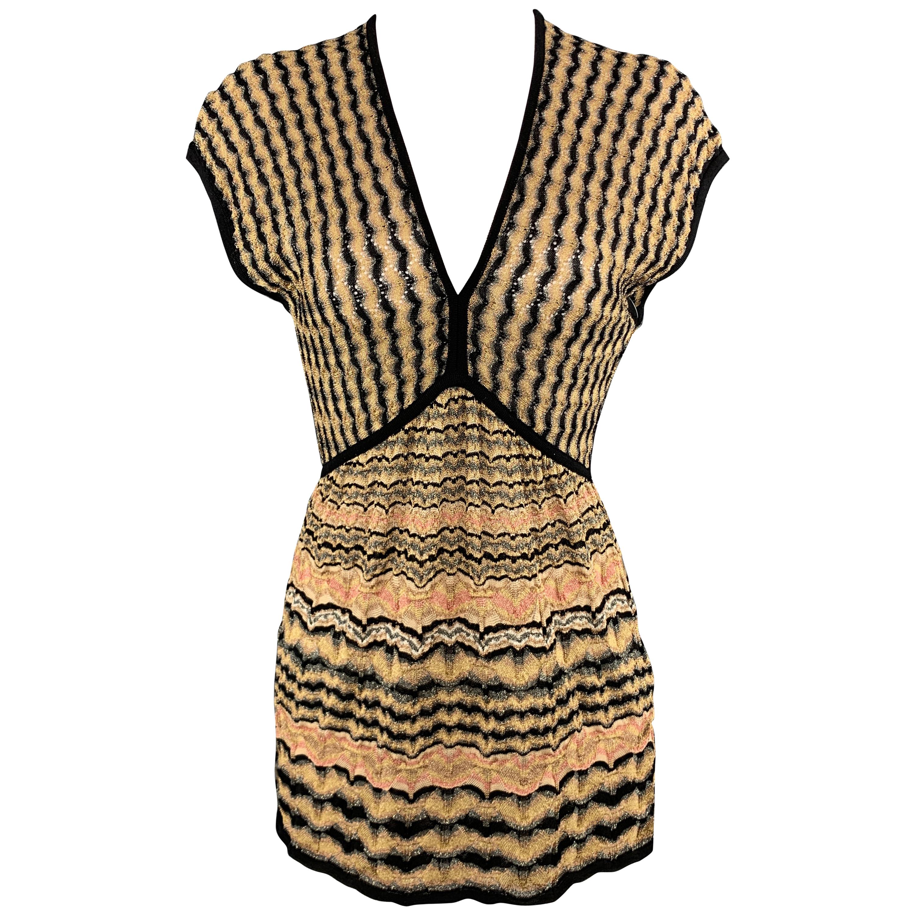 M MISSONI Size 8 Gold Pink & Black Pattern Knit V Neck Top