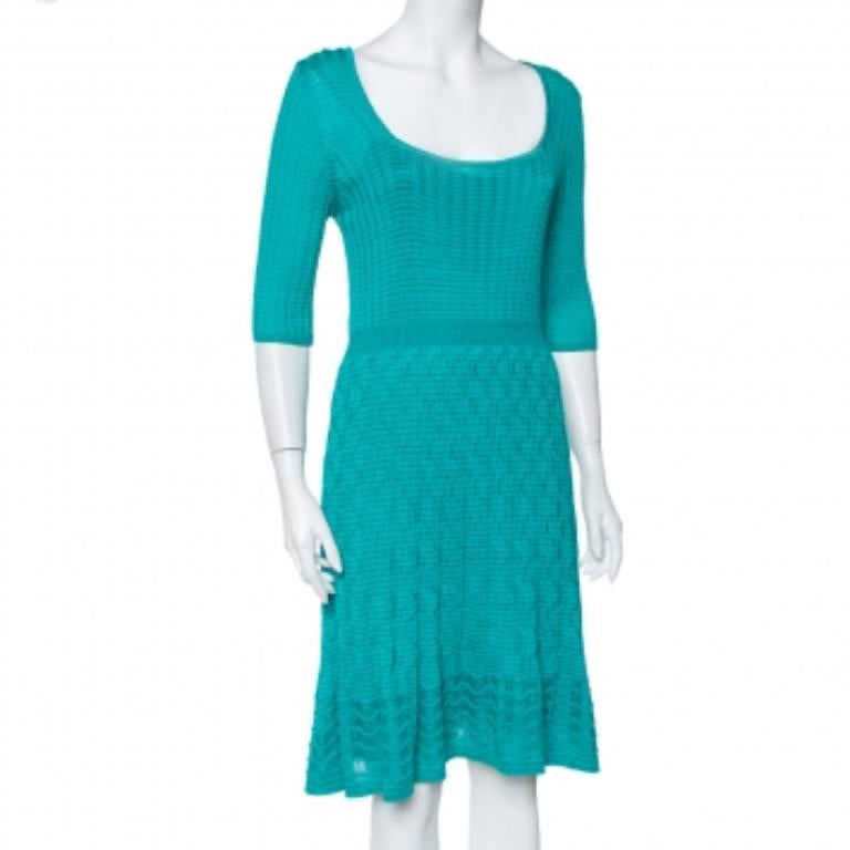 M Missoni Teal Green Knit Scoop Neck Skater Dress L In Good Condition For Sale In Dubai, Al Qouz 2