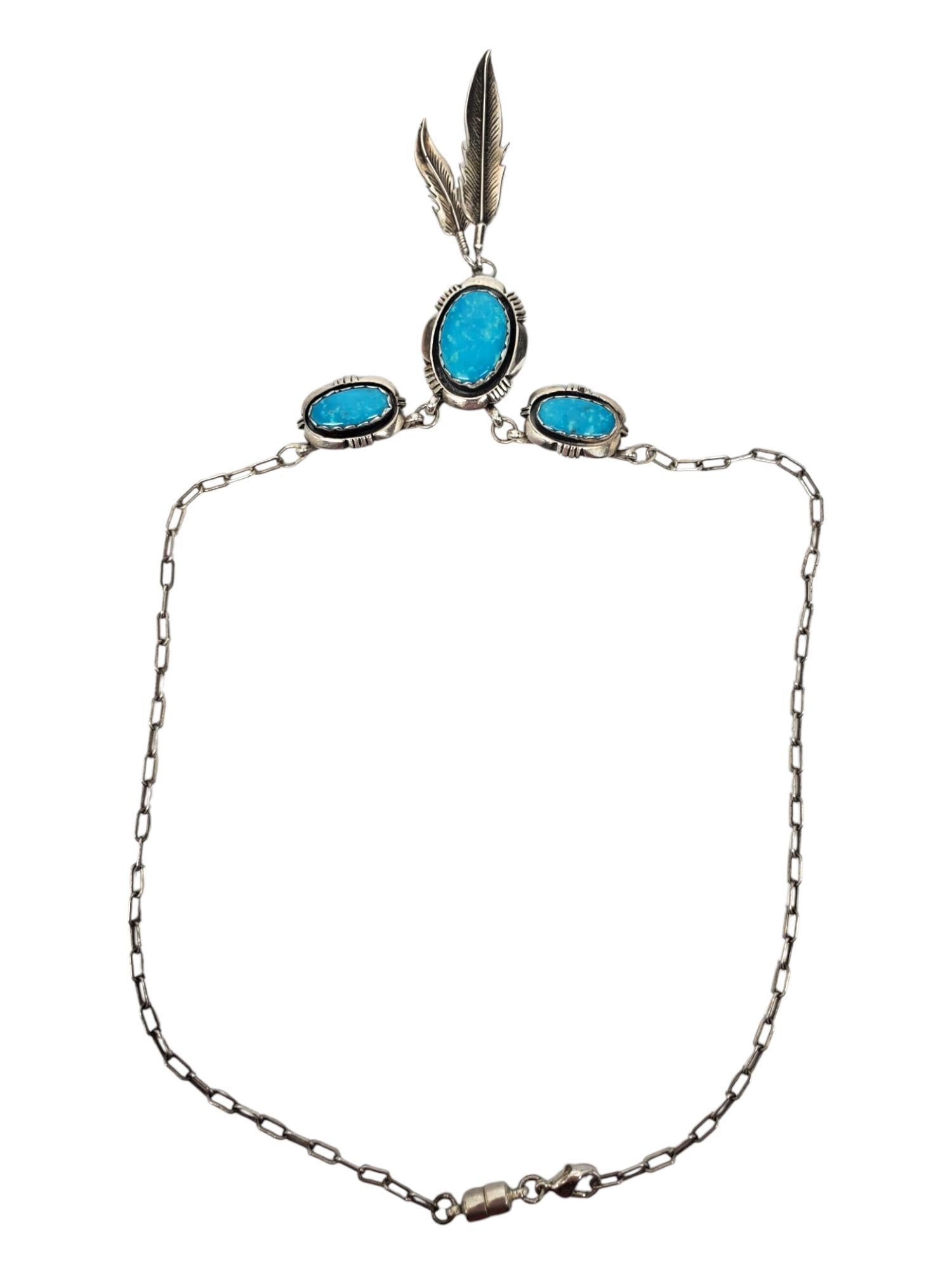 Taille cabochon M. A. Silver Collier à pendentifs en argent sterling avec plumes de turquoise du sud-ouest #21600 en vente