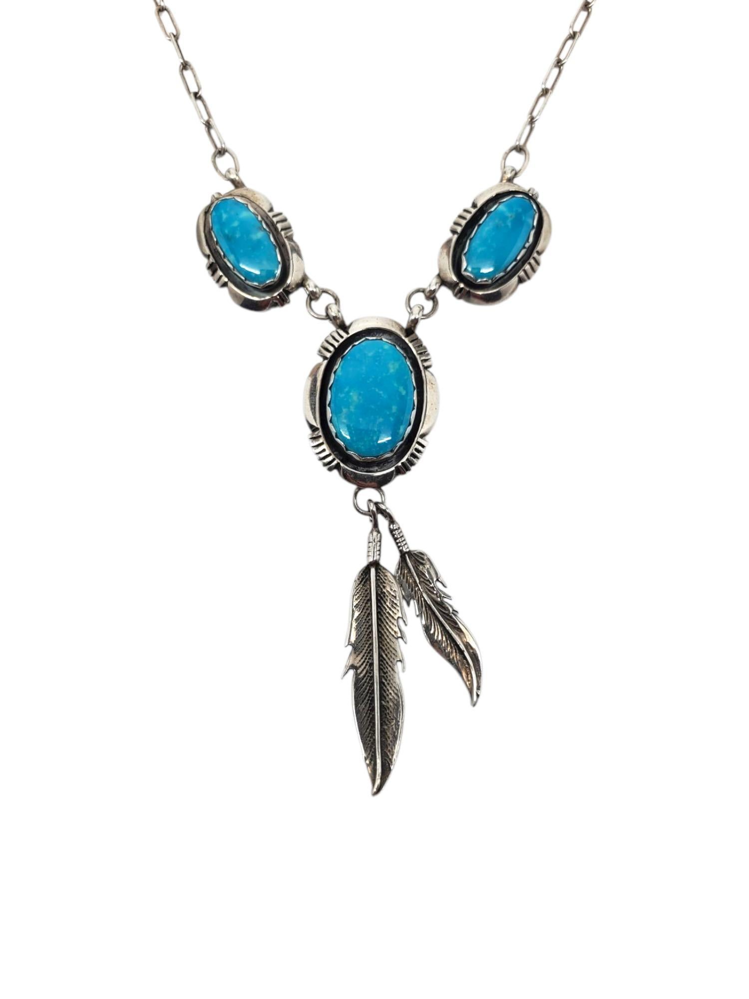 M. A. Silver Collier à pendentifs en argent sterling avec plumes de turquoise du sud-ouest #21600 Bon état - En vente à Washington Depot, CT