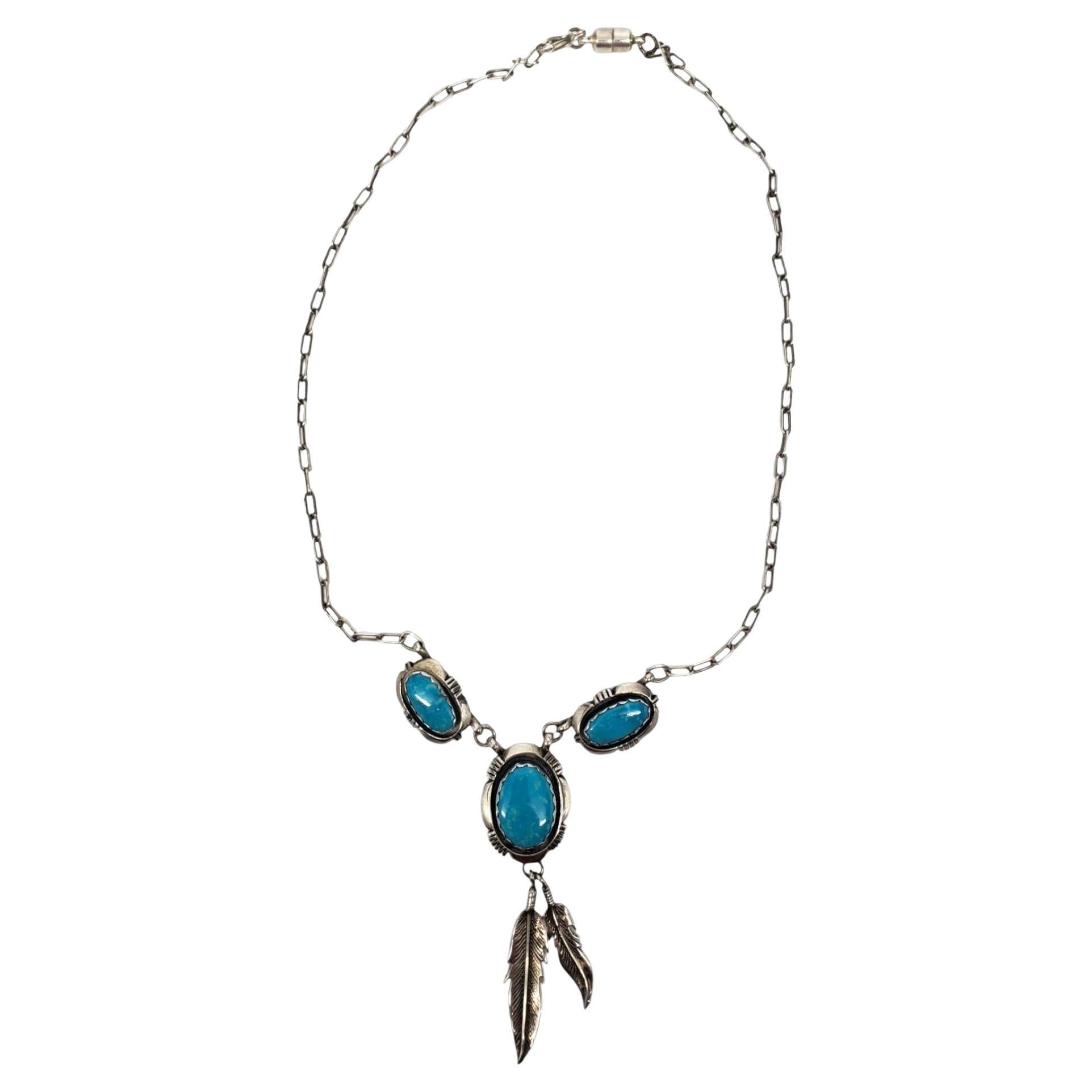 M. A. Silver Collier à pendentifs en argent sterling avec plumes de turquoise du sud-ouest #21600 en vente