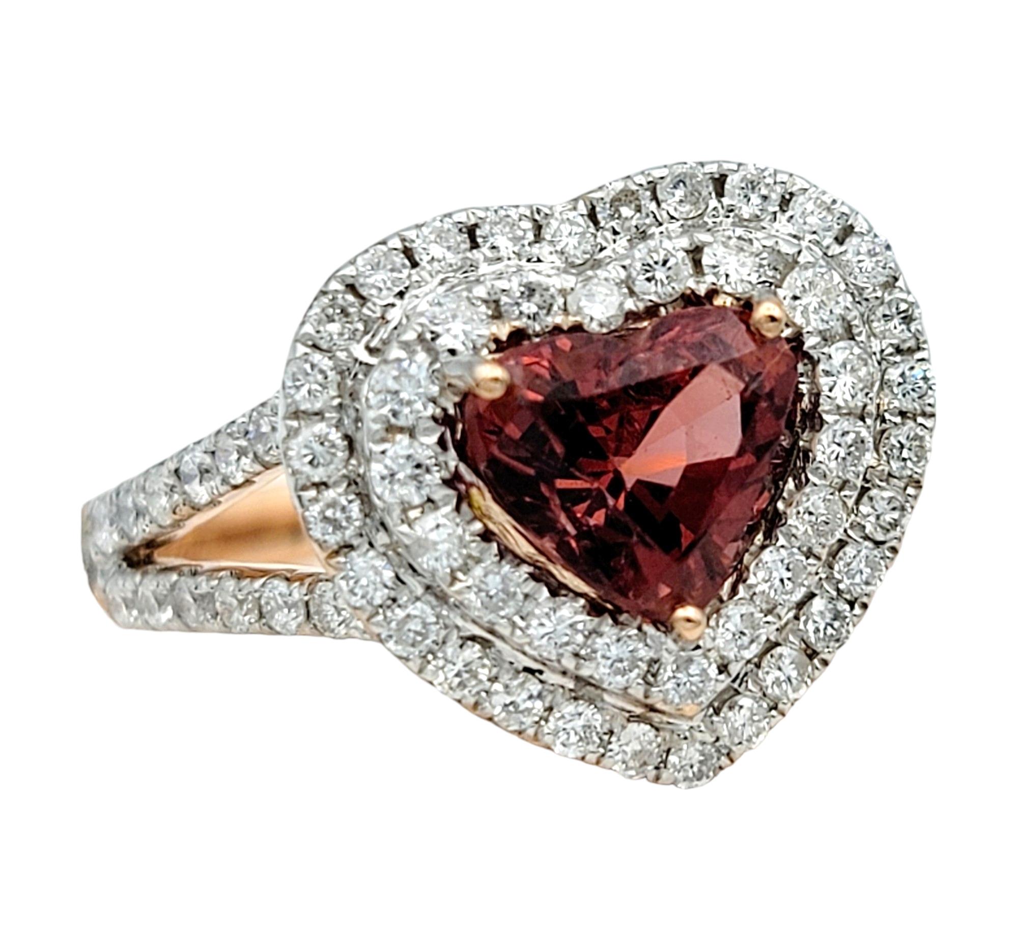 Contemporary M. Oliva Heart Shaped Spinel and Double Diamond Halo Ring in 14 Karat Rose Gold For Sale