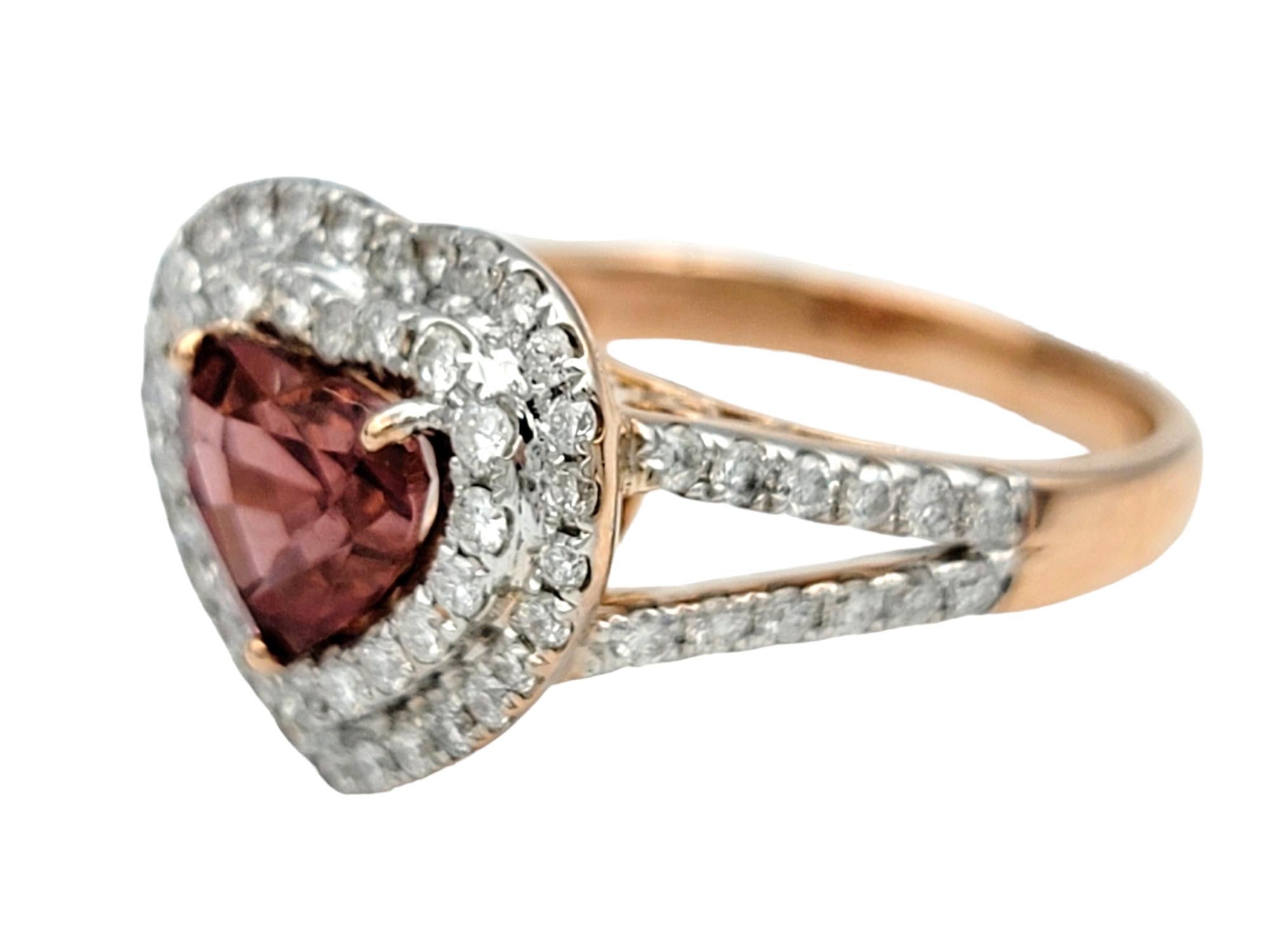 Heart Cut M. Oliva Heart Shaped Spinel and Double Diamond Halo Ring in 14 Karat Rose Gold For Sale