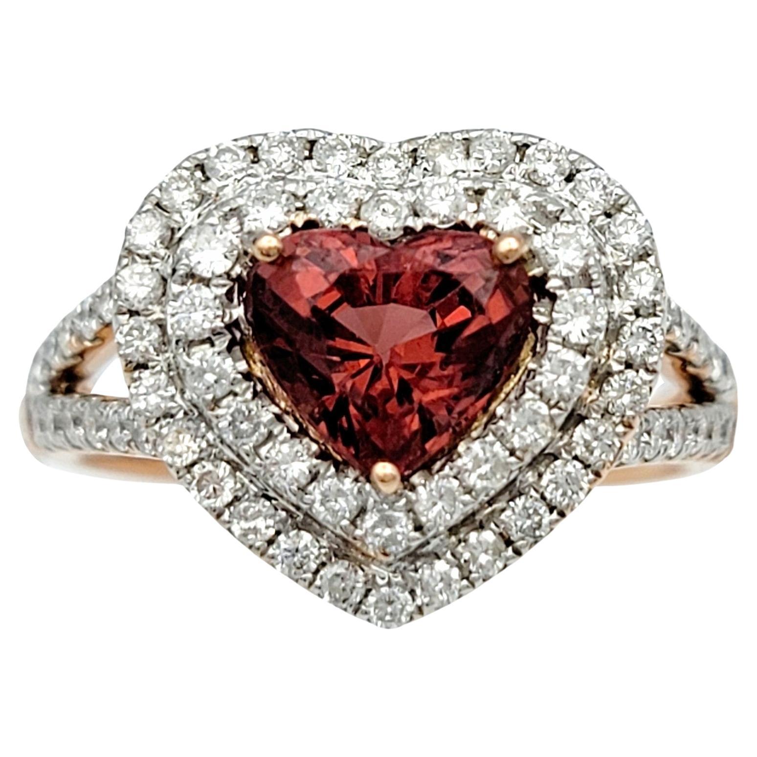 M. Oliva Heart Shaped Spinel and Double Diamond Halo Ring in 14 Karat Rose Gold For Sale