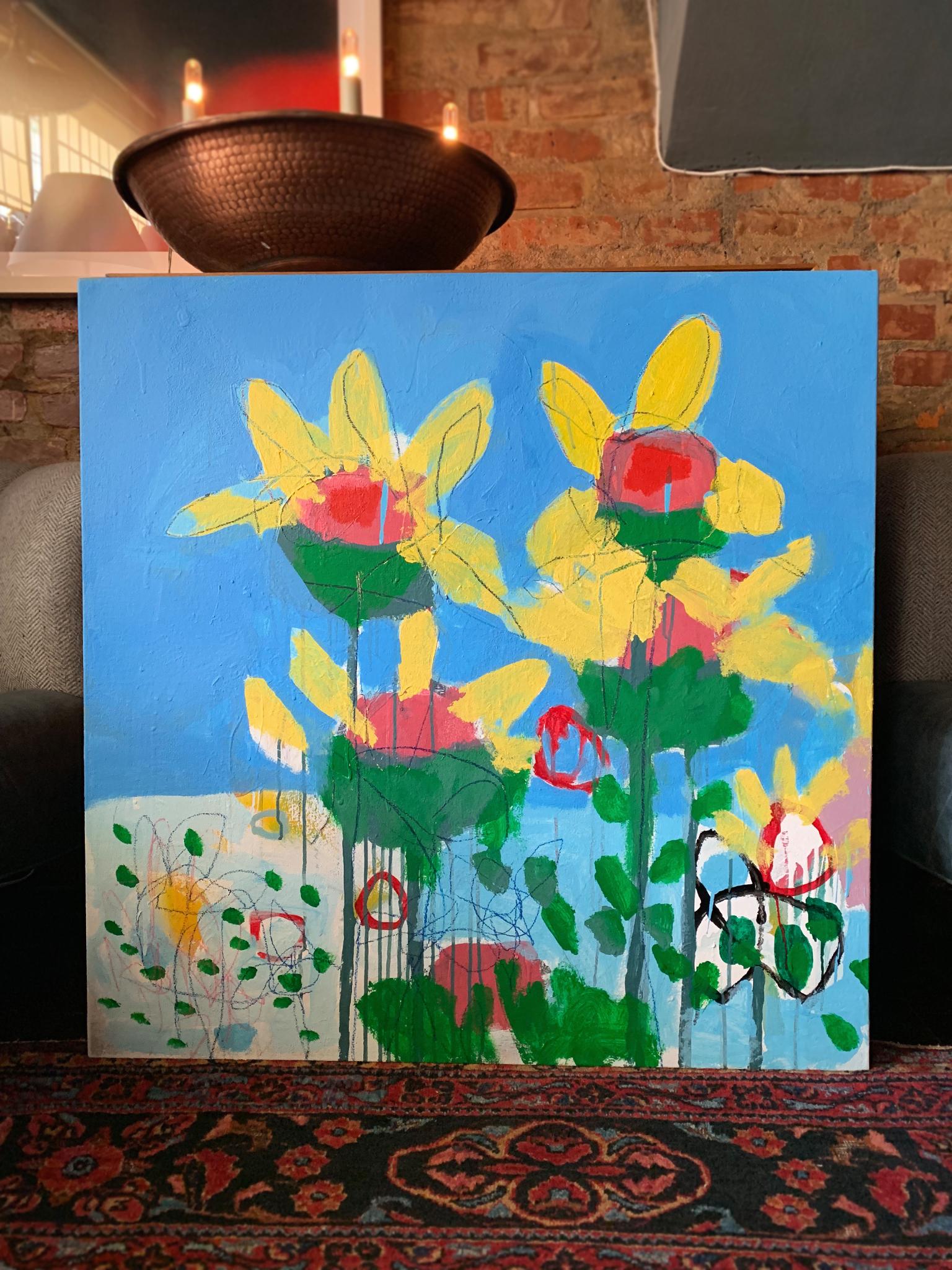 A whimsical painting by M.P. Landis, whose canvases and works-on-paper come to life with their brilliant color and richly textured surfaces. This square painting evokes a childlike sense of the world in its rendering of yellow flowers against a very