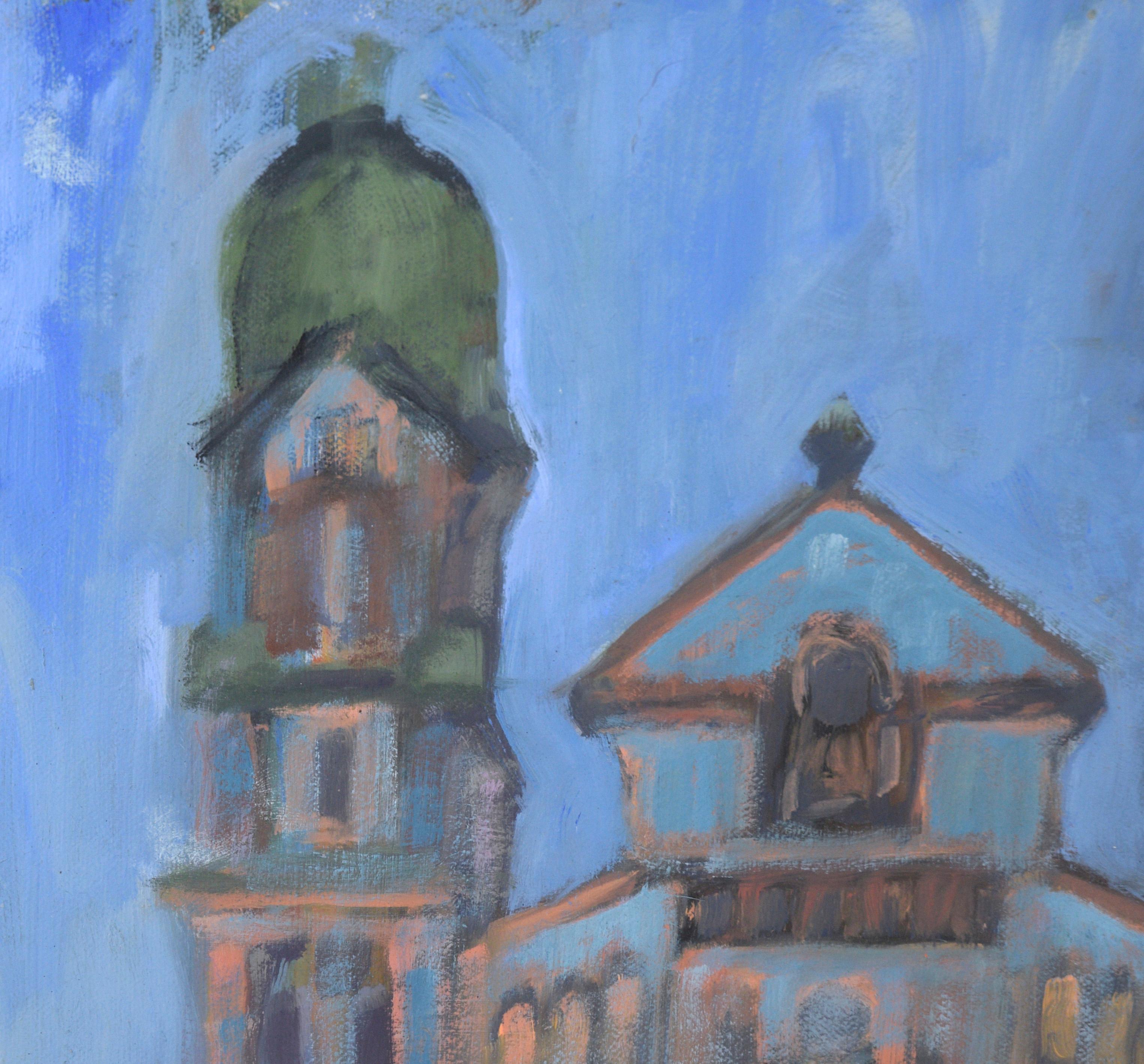 Cathedral with Green Domes in Acrylic on Masonite - Painting by M. Pavao