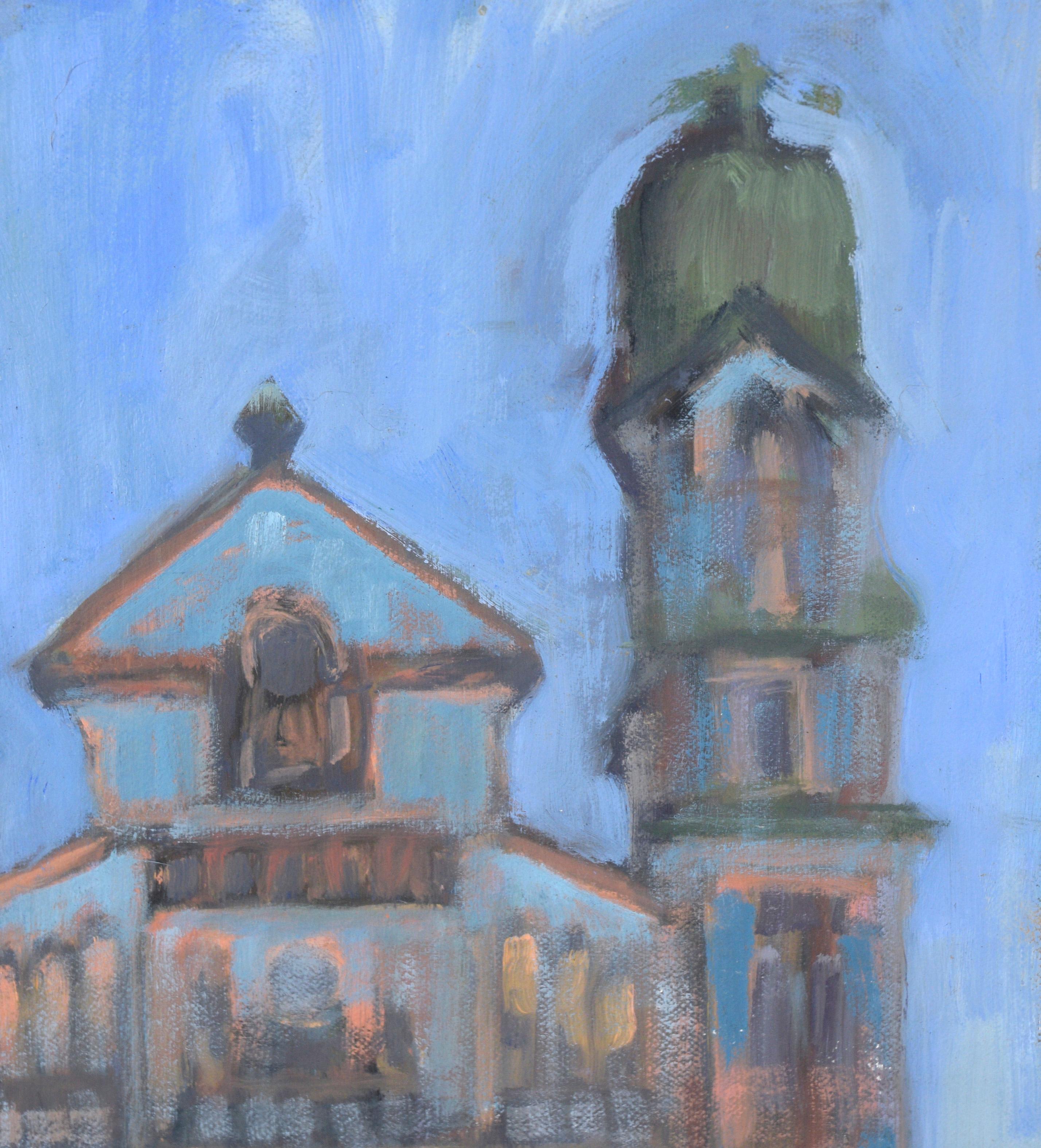 Cathedral with Green Domes in Acrylic on Masonite - American Impressionist Painting by M. Pavao