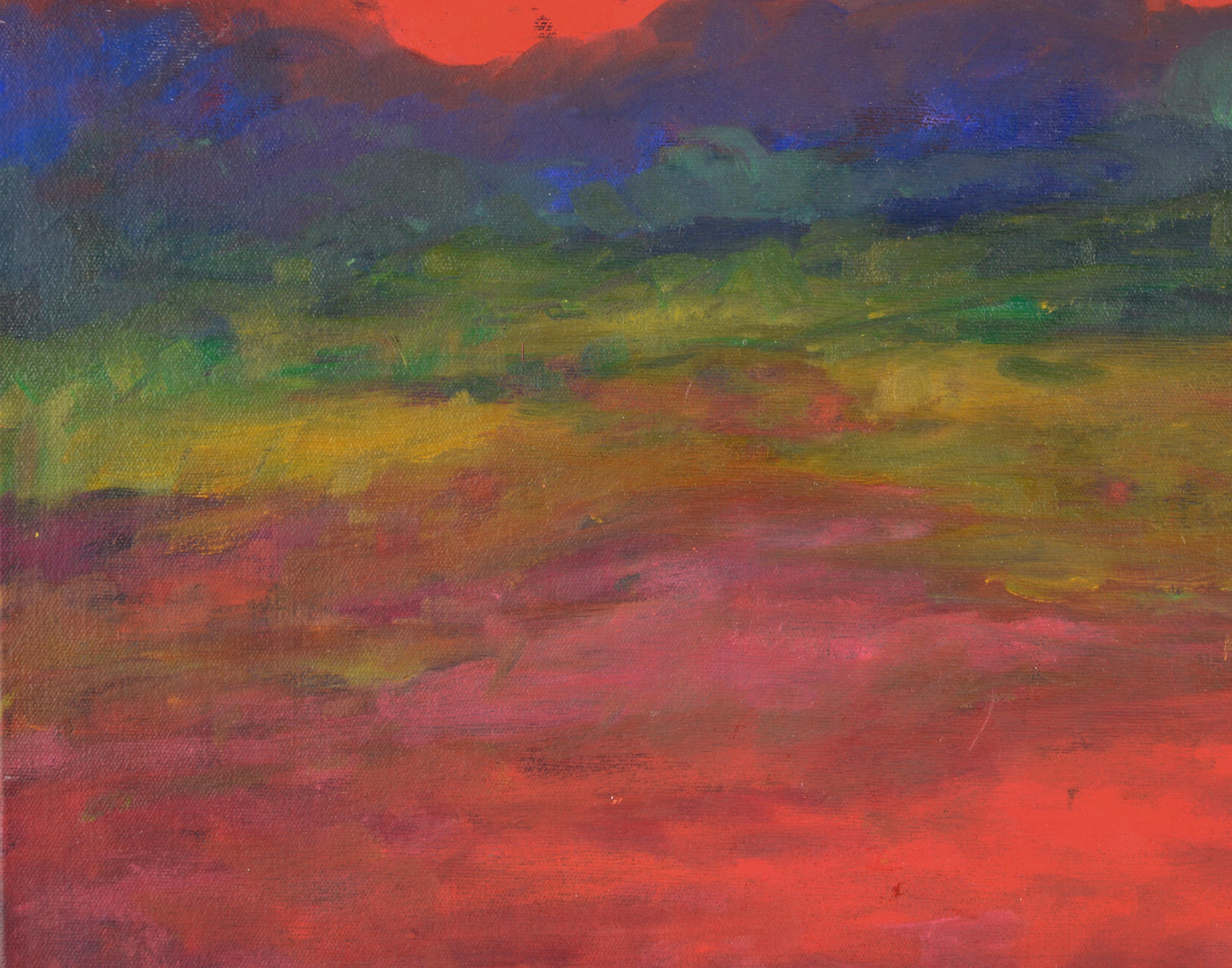 Glockender roter Sonnenuntergang – Abstrakte Landschaft in Acryl auf Leinwand (Amerikanischer Impressionismus), Painting, von M. Pavao