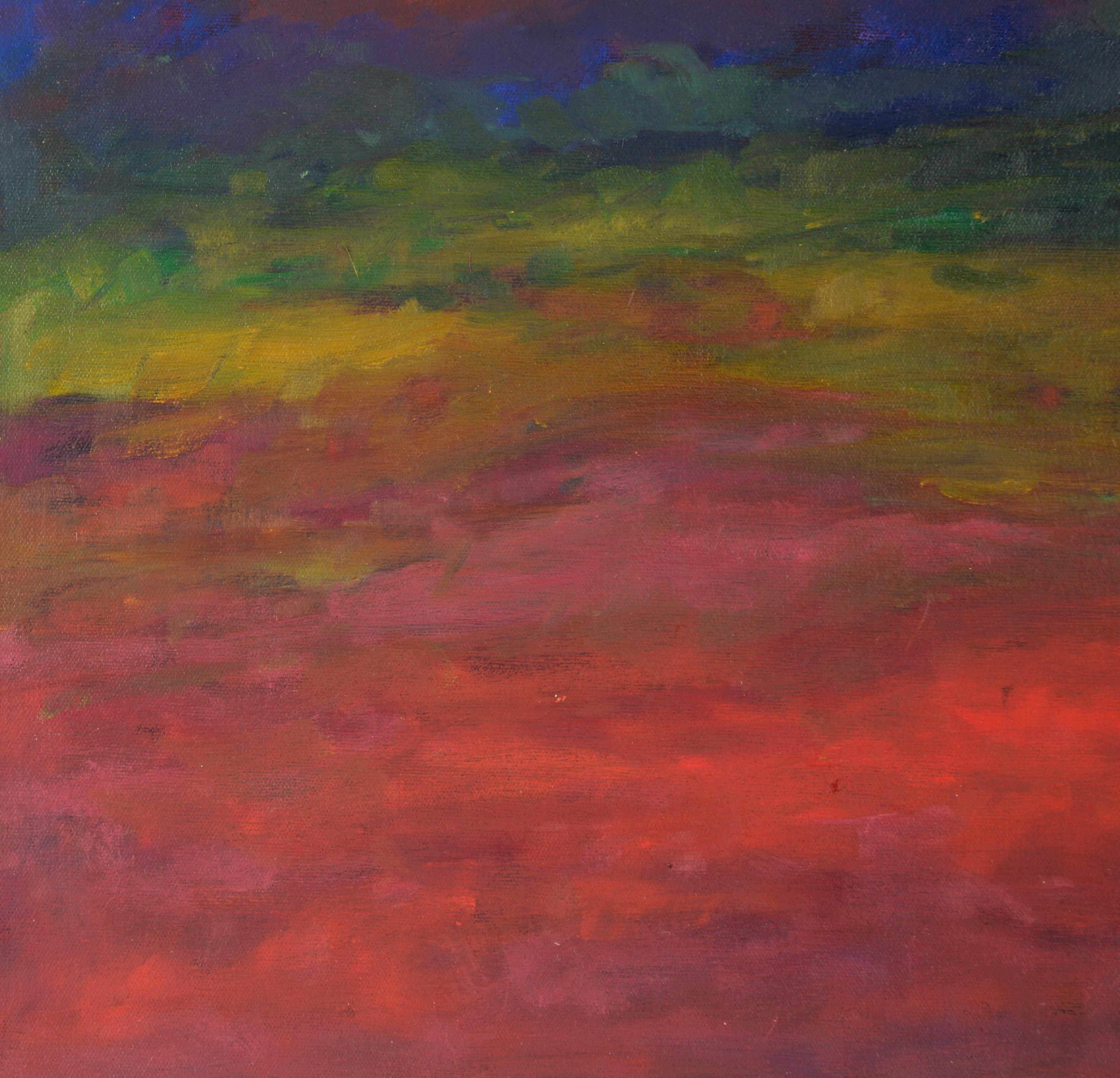 Glowing Red Sunset - Abstracted Landscape in Acrylic on Canvas - American Impressionist Painting by M. Pavao