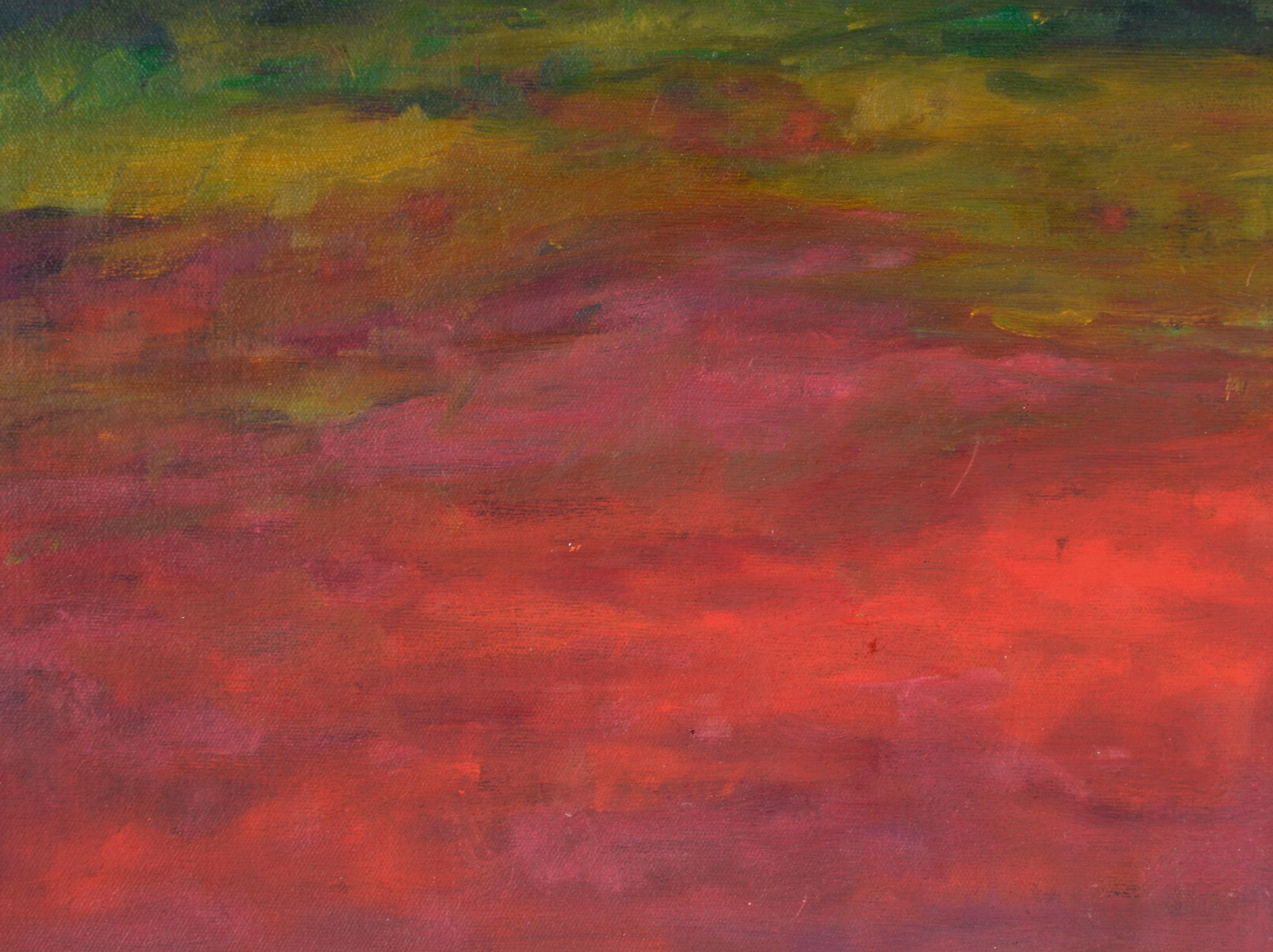 Glowing Red Sunset - abstracted Landscape in Acrylic on Canvas

Vibrant sunset by an unknown central California coast artist Maria Pavao Hadsell (Portugal/American). A glowing red sky is reflected in the foreground of this piece, implying a marsh or
