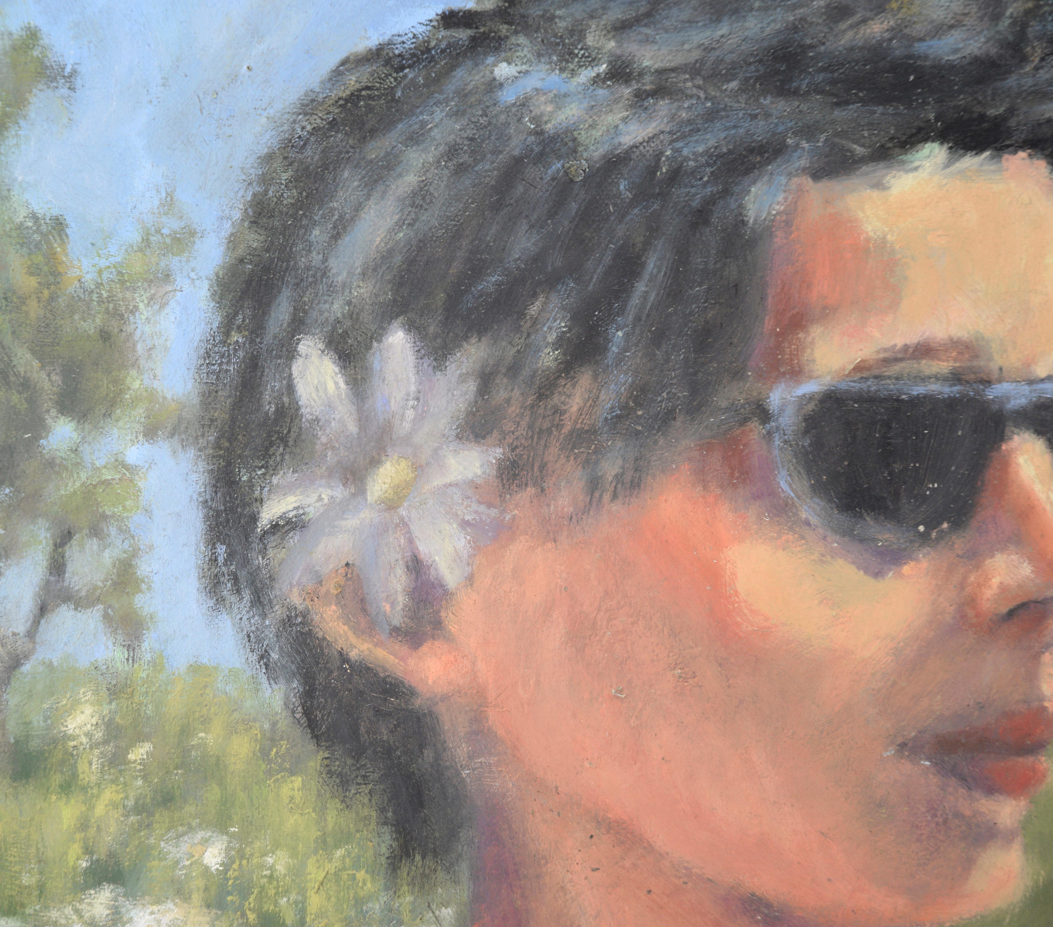 Portrait d'une femme californienne avec des lunettes de soleil en acrylique sur Masonite - Impressionnisme américain Painting par M. Pavao