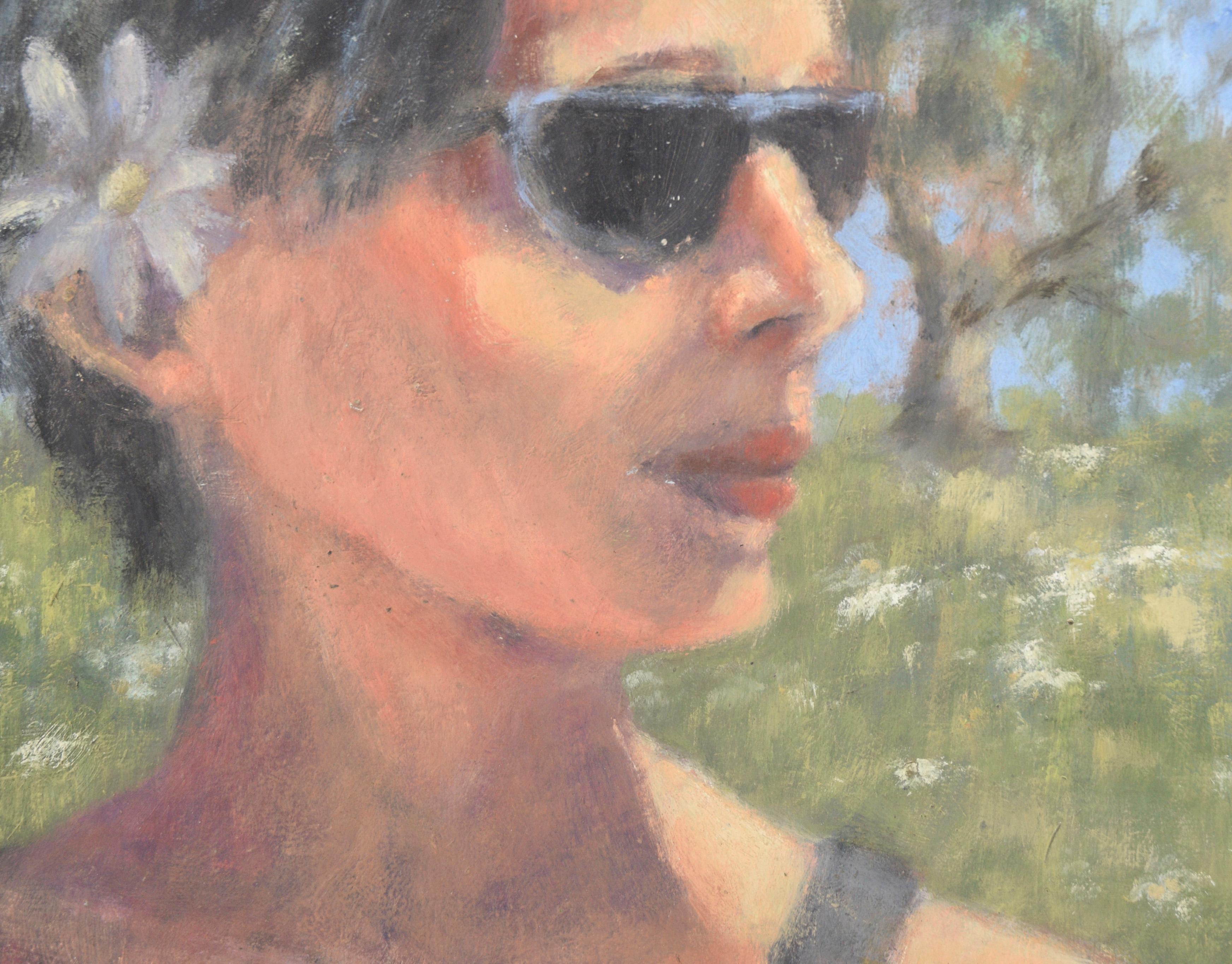 Portrait of a California Woman with Sunglasses in Acrylic on Masonite

Portrait of a woman with sunglasses by an unknown central California coast artist Maria Pavao Hadsell (Potugal/American, 20th Century). A woman is looking to the right of the