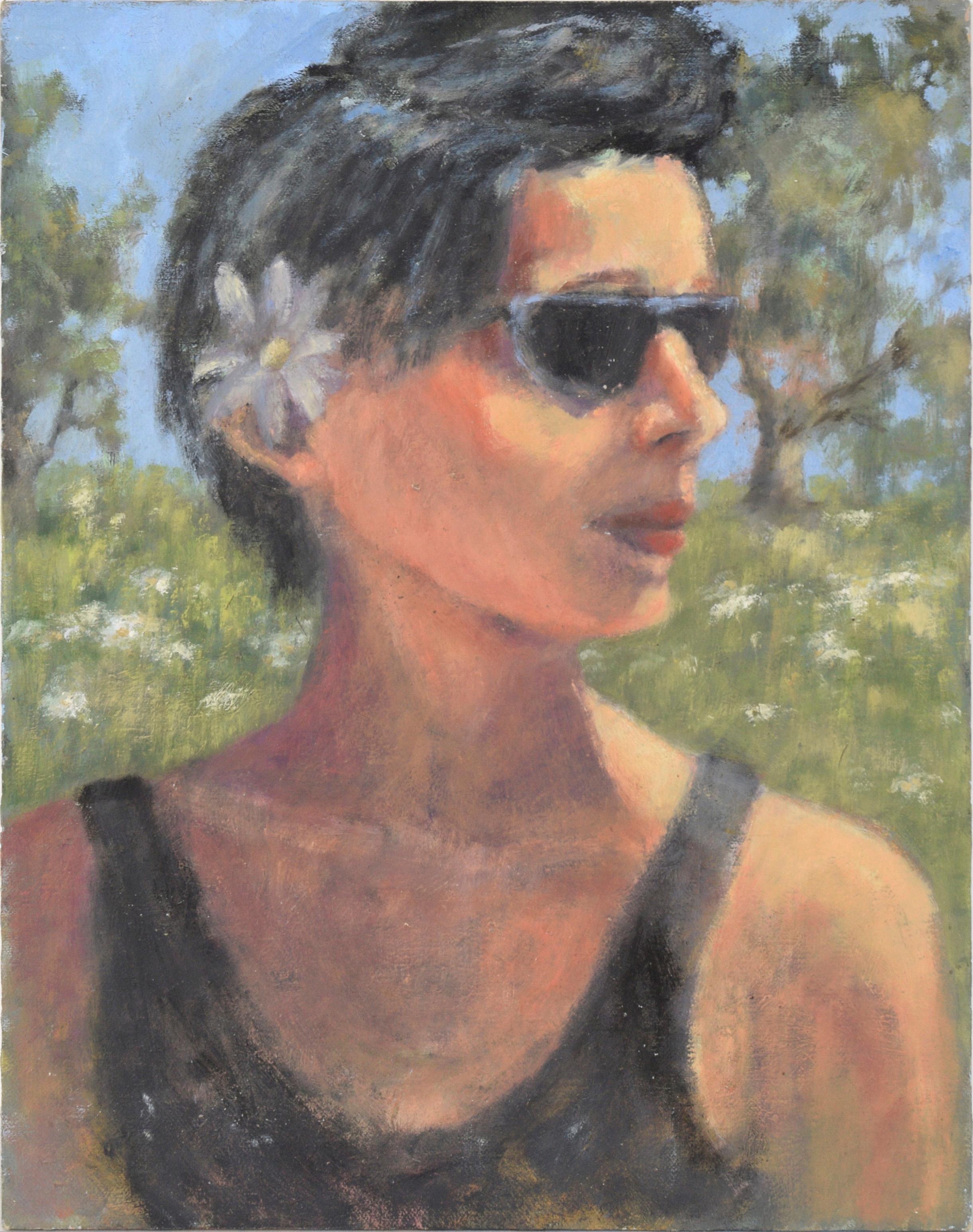 M. Pavao Figurative Painting – Porträt einer kalifornischen Frau mit Sonnenbrille in Acryl auf Masonit