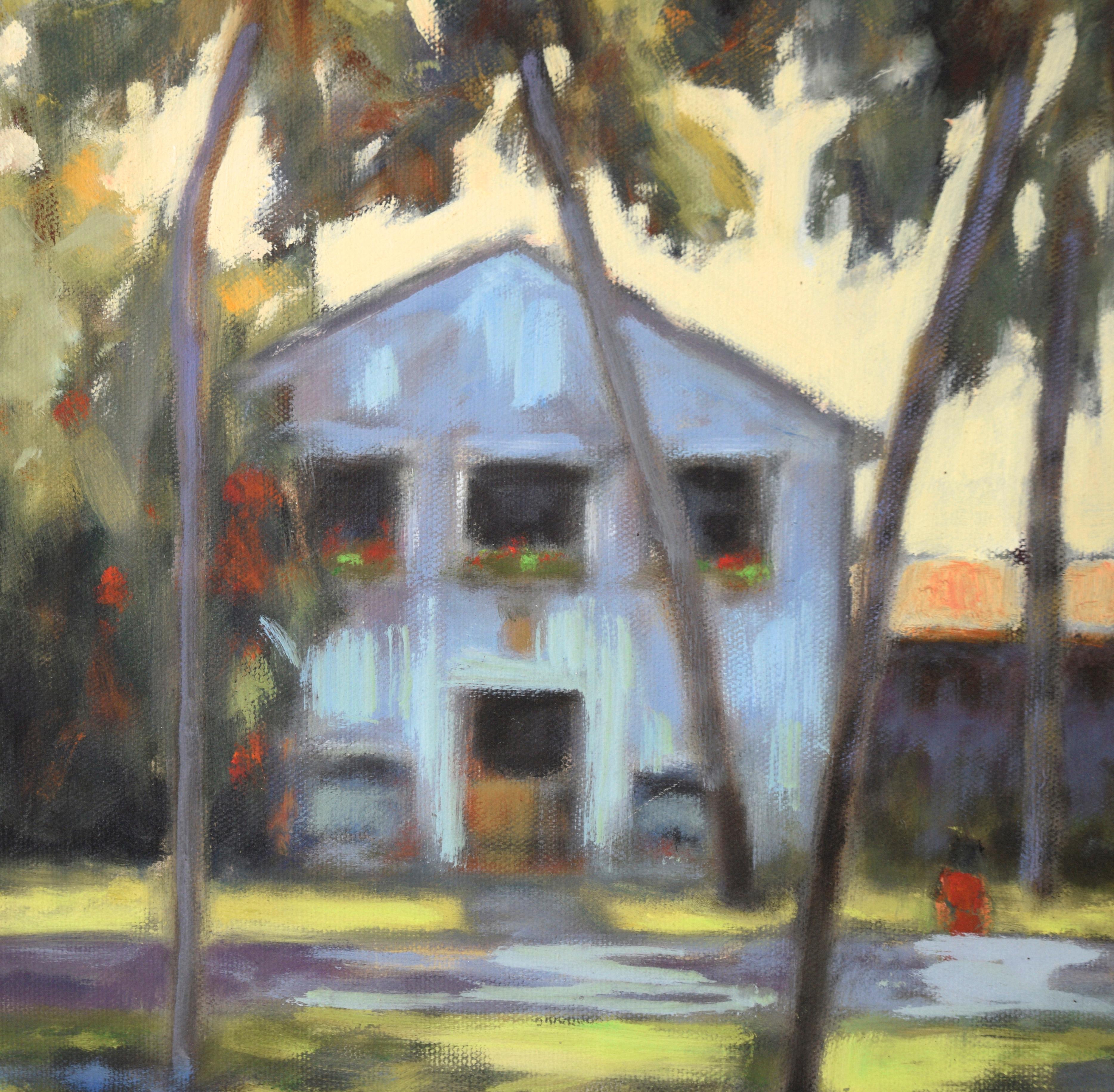 Southern California Home with Palm Trees in Acrylic on Canvas - American Impressionist Painting by M. Pavao