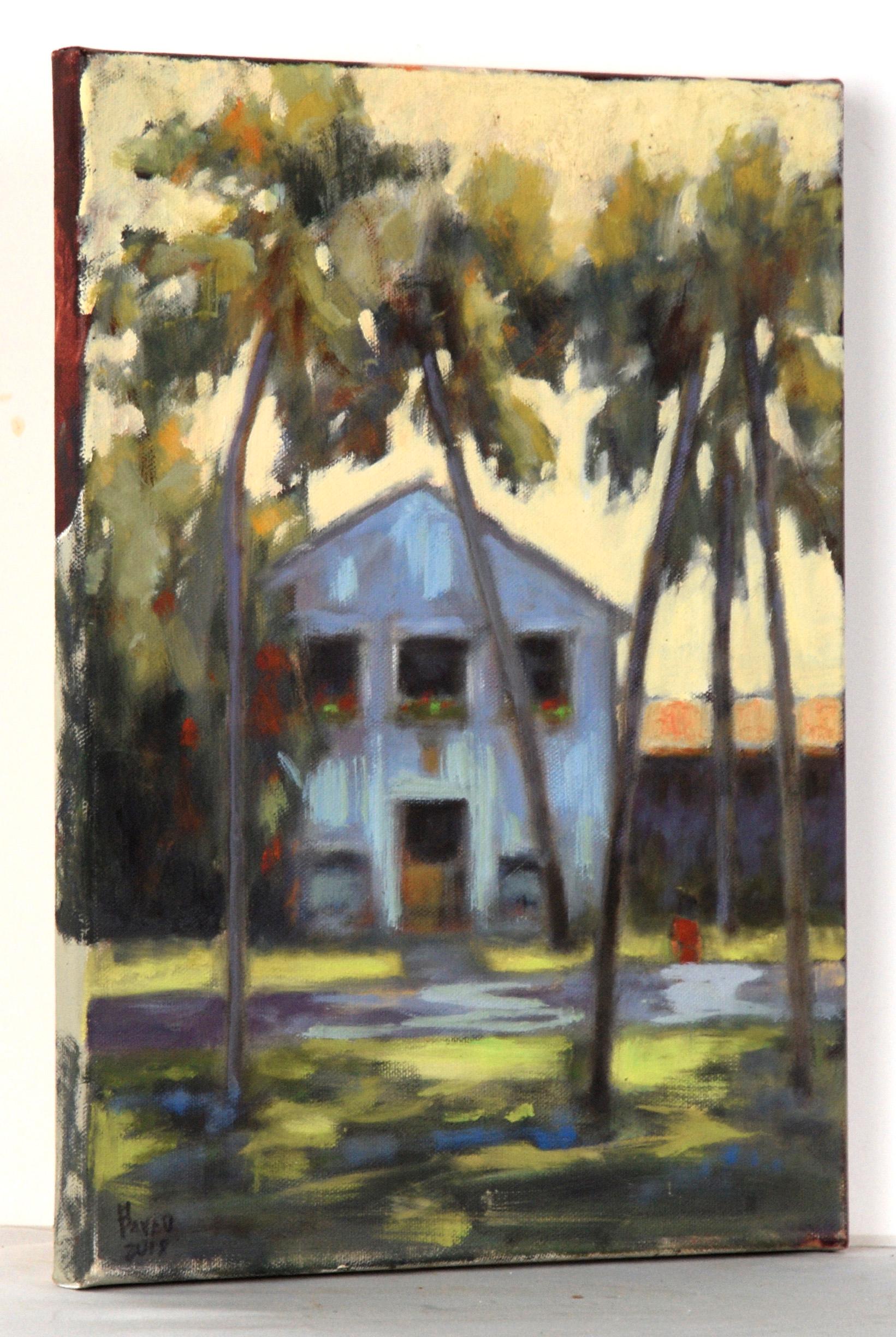 Southern California Home with Palm Trees in Acrylic on Canvas For Sale 2